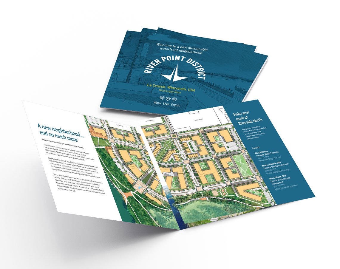 Full-color River Point District brochure created by Vendi describing the benefits of developing within the neighborhood 