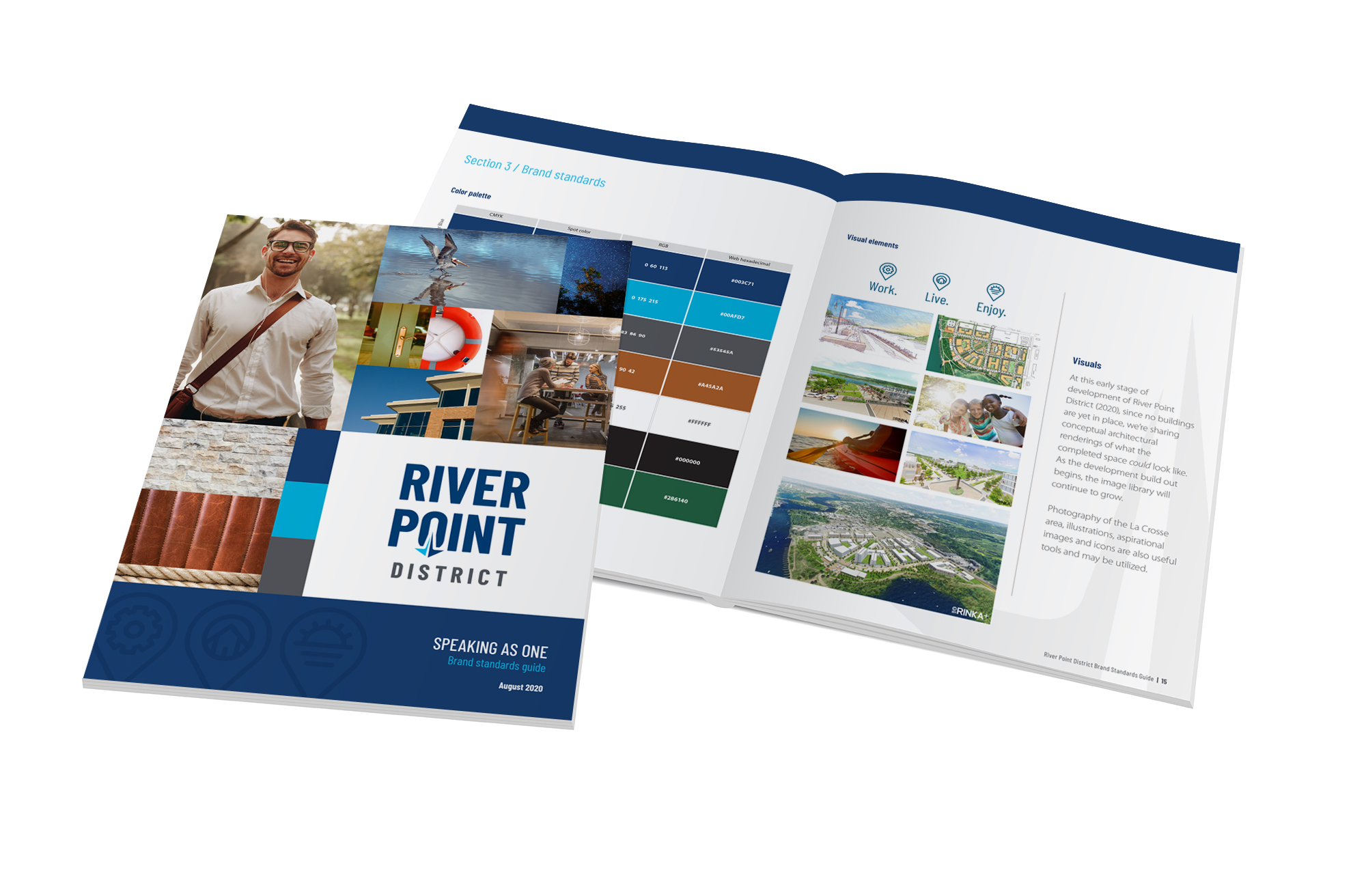 Pages from the River Point District brand Speaking as one brand standards guide created by Vendi Advertising