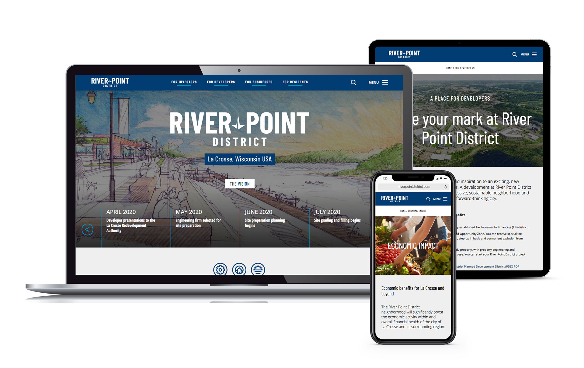Pages from the River Point District website created by Vendi Advertising displayed on laptop, tablet and phone screens
