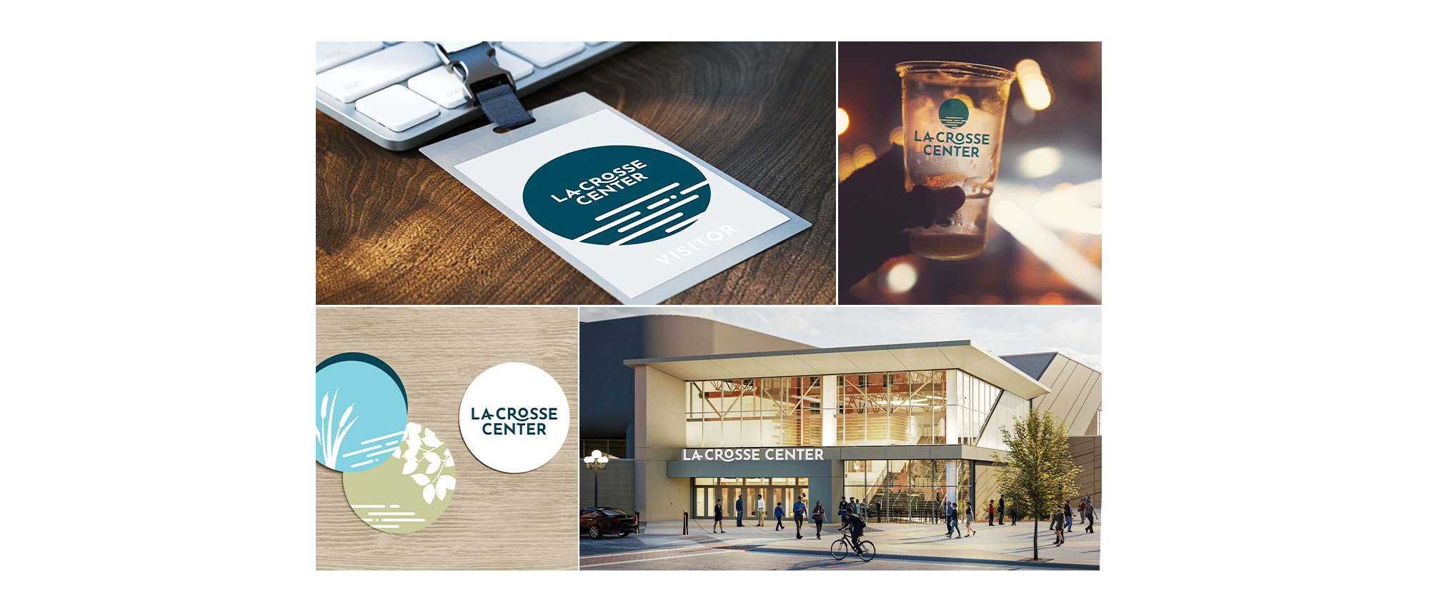 Collage of La Crosse Center color logo placement possibilities on a name badge, plastic cup and indoor and outdoor signs