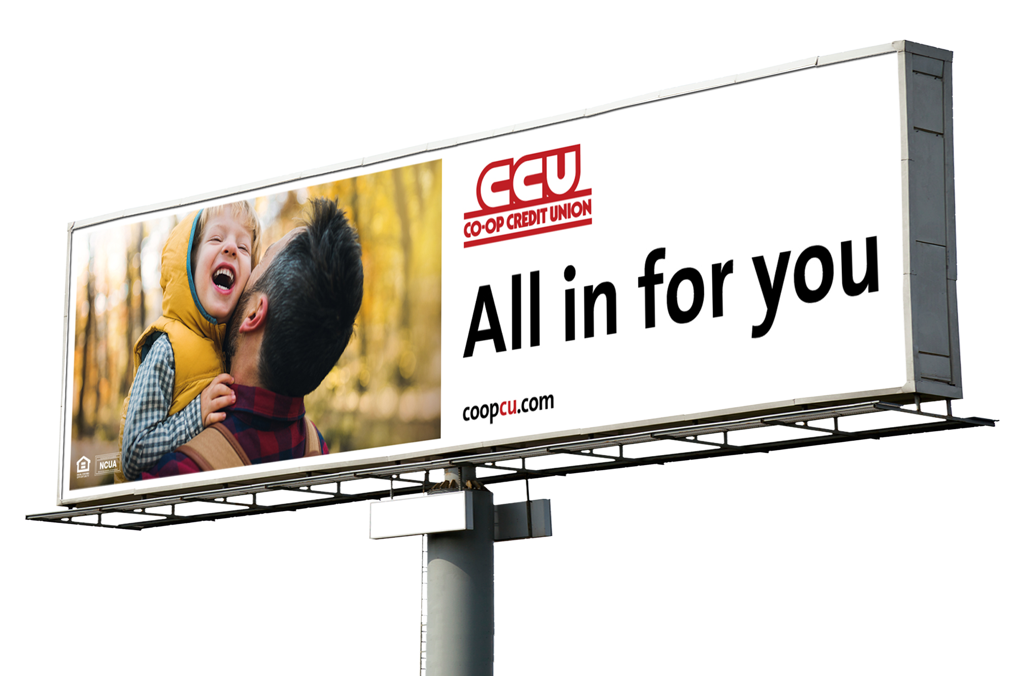 Co-op Credit Union billboard with father-son photo at left, then CCU logo, all in for you headline and co op c u dot com URL