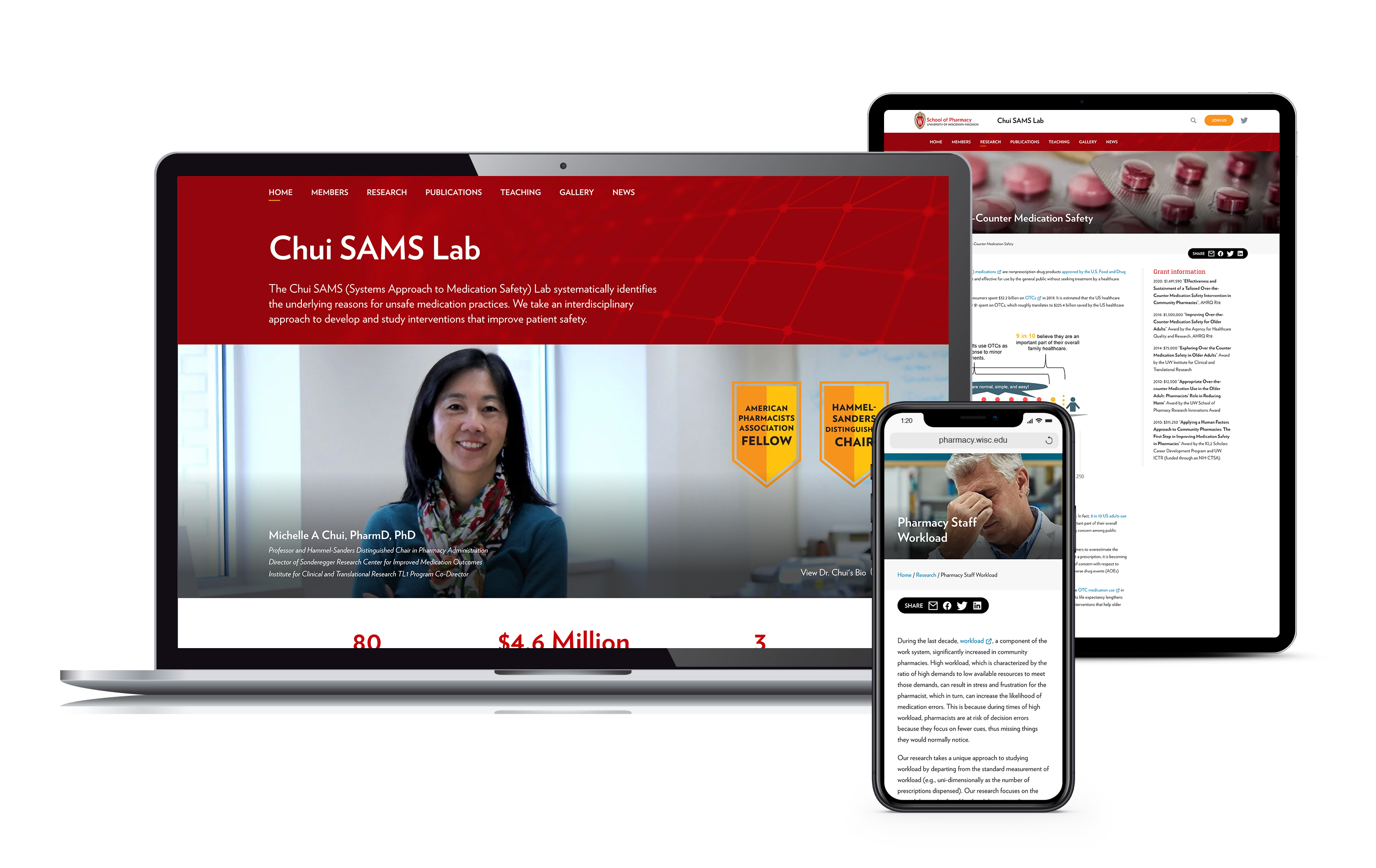 Website pages from the Chui SAMS lab at the University of Wisconsin–Madison School of Pharmacy displayed on laptop, tablet and phone screens