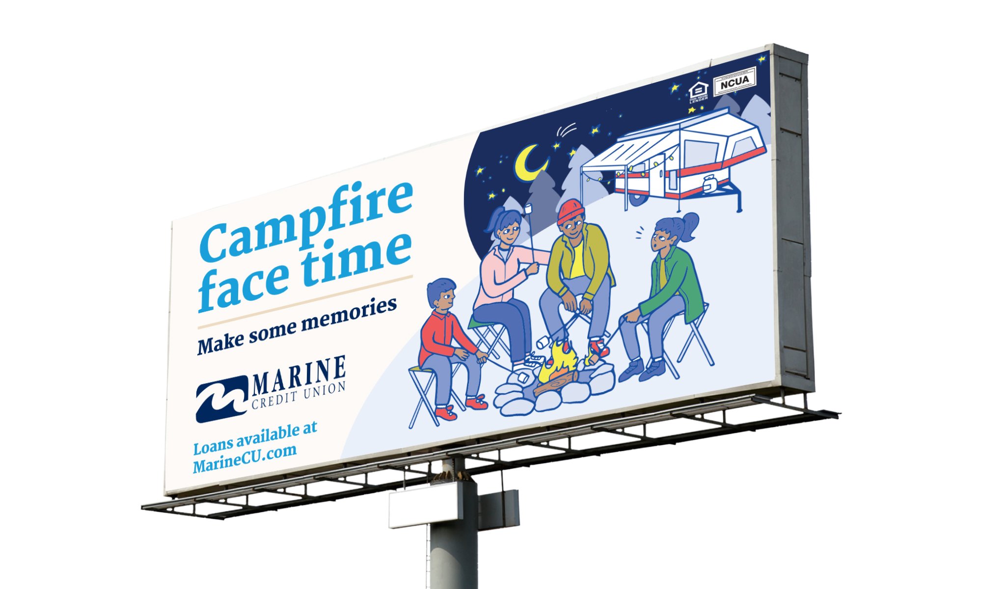 Marine Credit Union campfire face time billboard with original illustration of a family roasting marshmallows and marine c u dot com URL