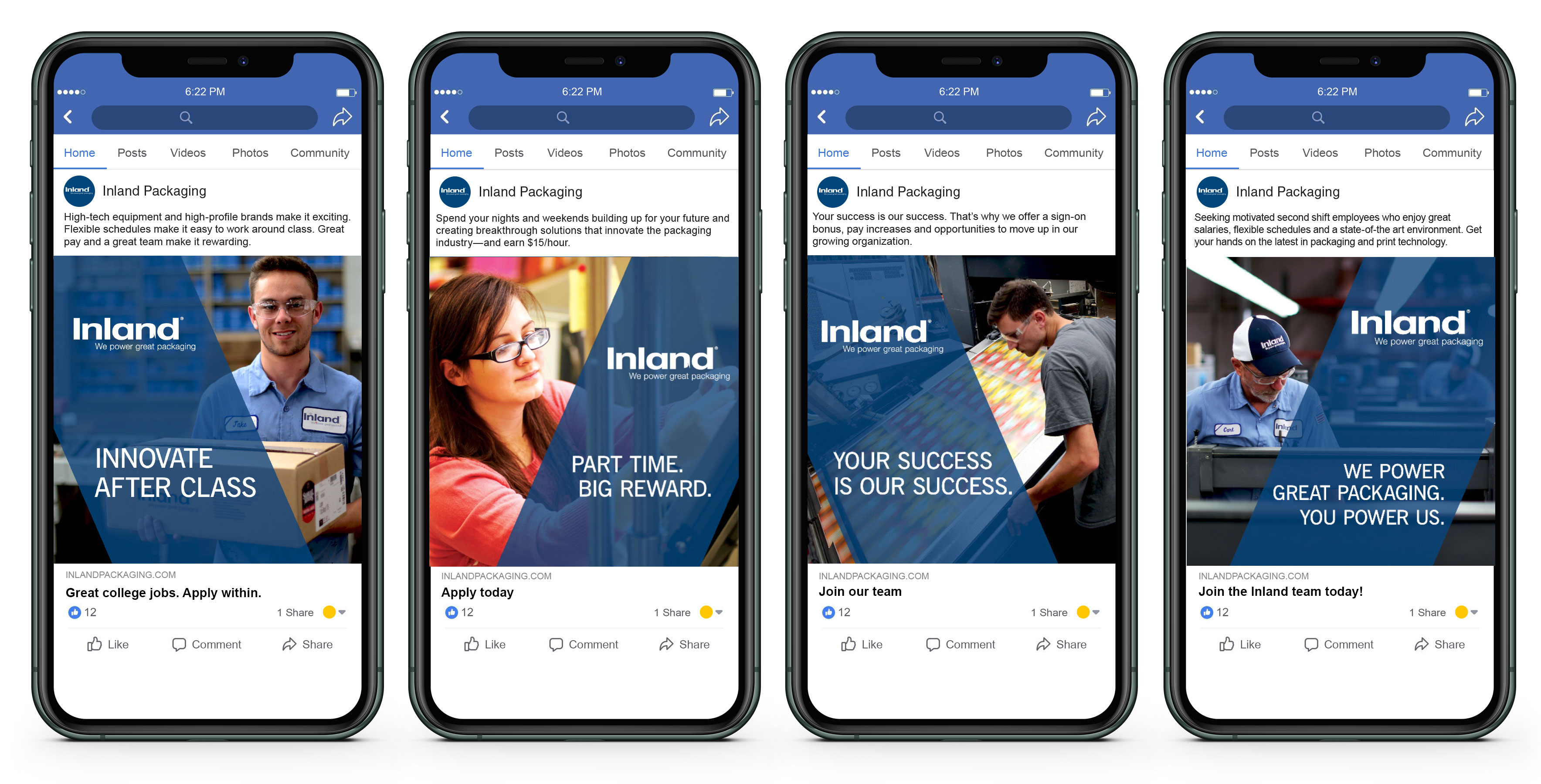 Four Inland Packaging digital recruiting ads describing employment benefits and inviting viewers to apply