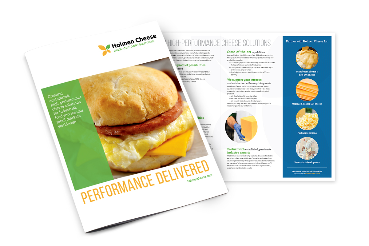 Holmen Cheese color brochure. Breakfast sandwich and Performance delivered headline on cover, company solutions inside.