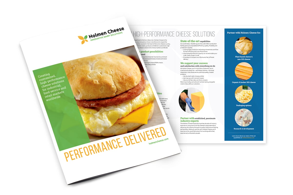 Holmen Cheese color brochure. Breakfast sandwich and Performance delivered headline on cover, company solutions inside.