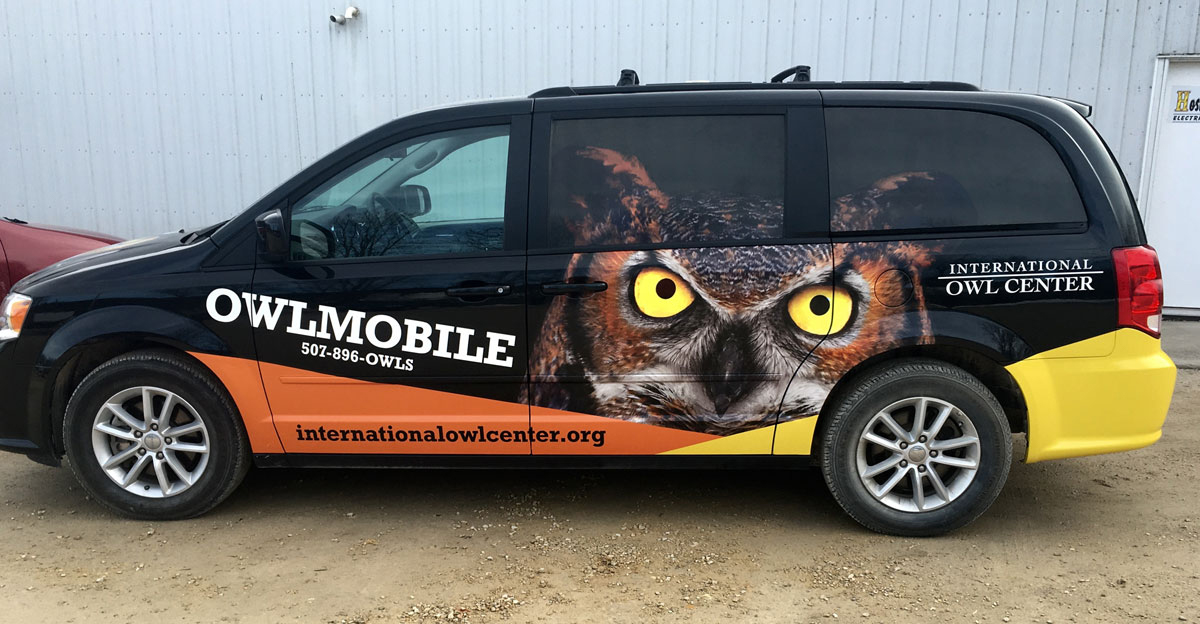 International Owl Center Owlmobile with full-color vehicle wrap created by Vendi with logo, URL and photo of resident owl