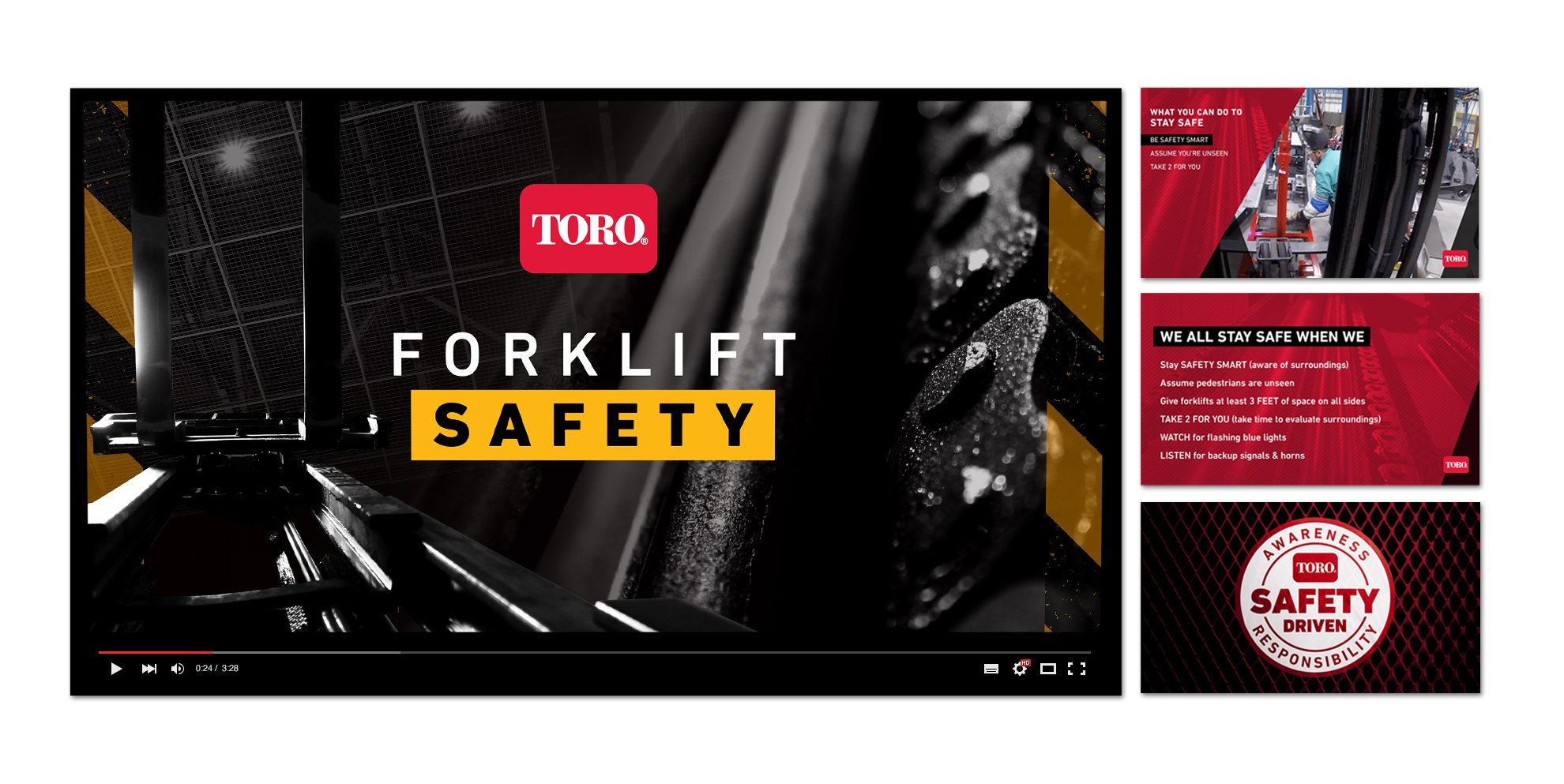 Four full-color stills from the Toro forklift safety video showing title card, on-screen text examples and Toro’s safety seal