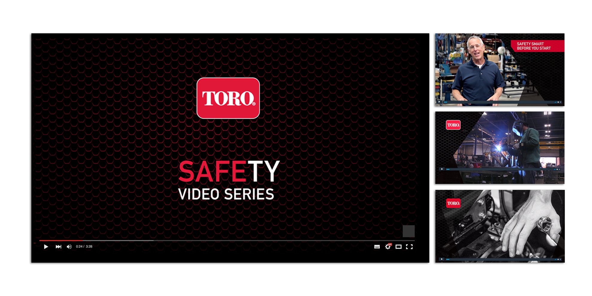 Four full-color stills from the Toro safety video series showing title card, narrator and employees working on Toro equipment