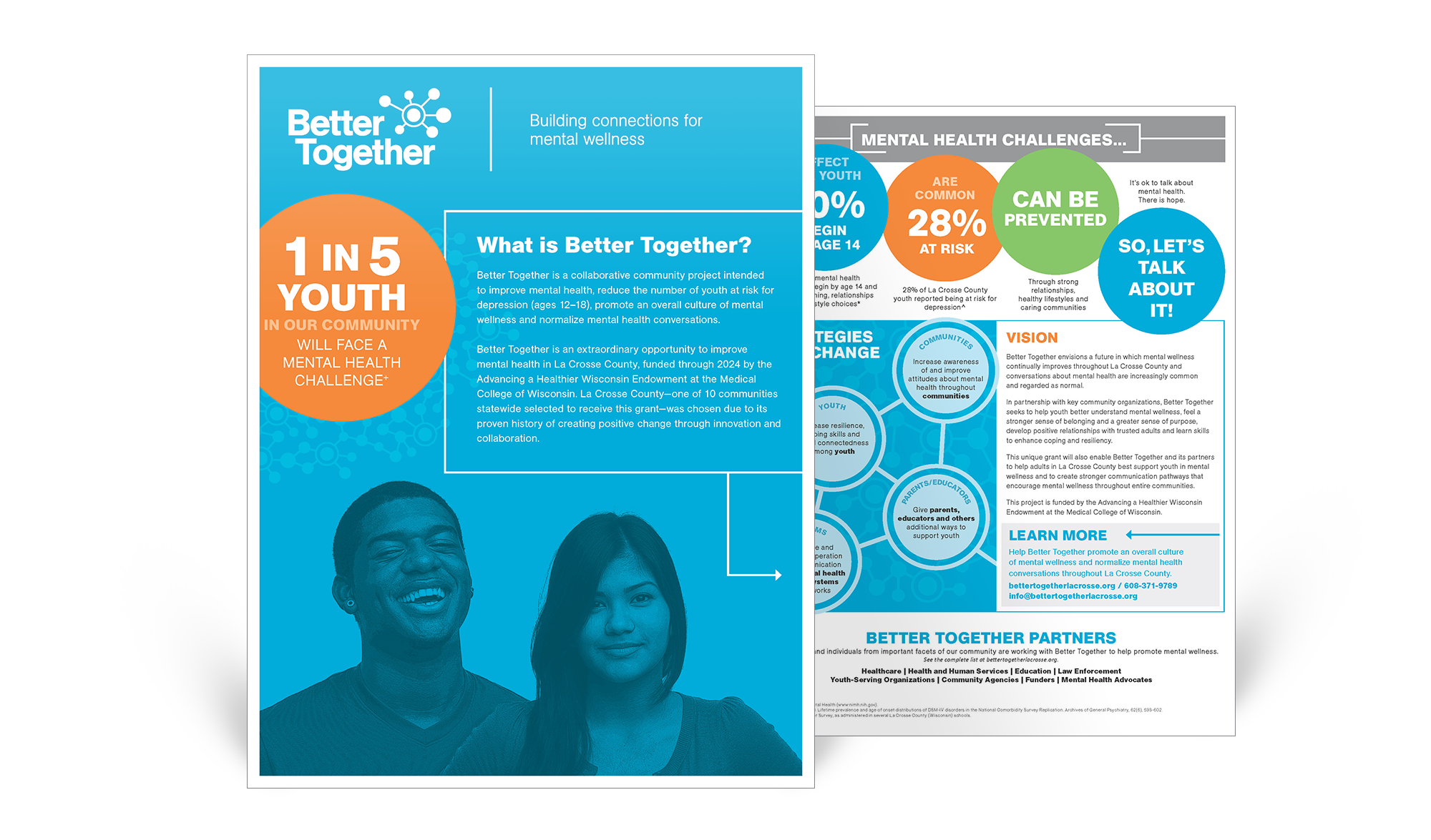 Better Together 4-color fact sheet describing program goals and vision, as well as mental health challenges and strategies