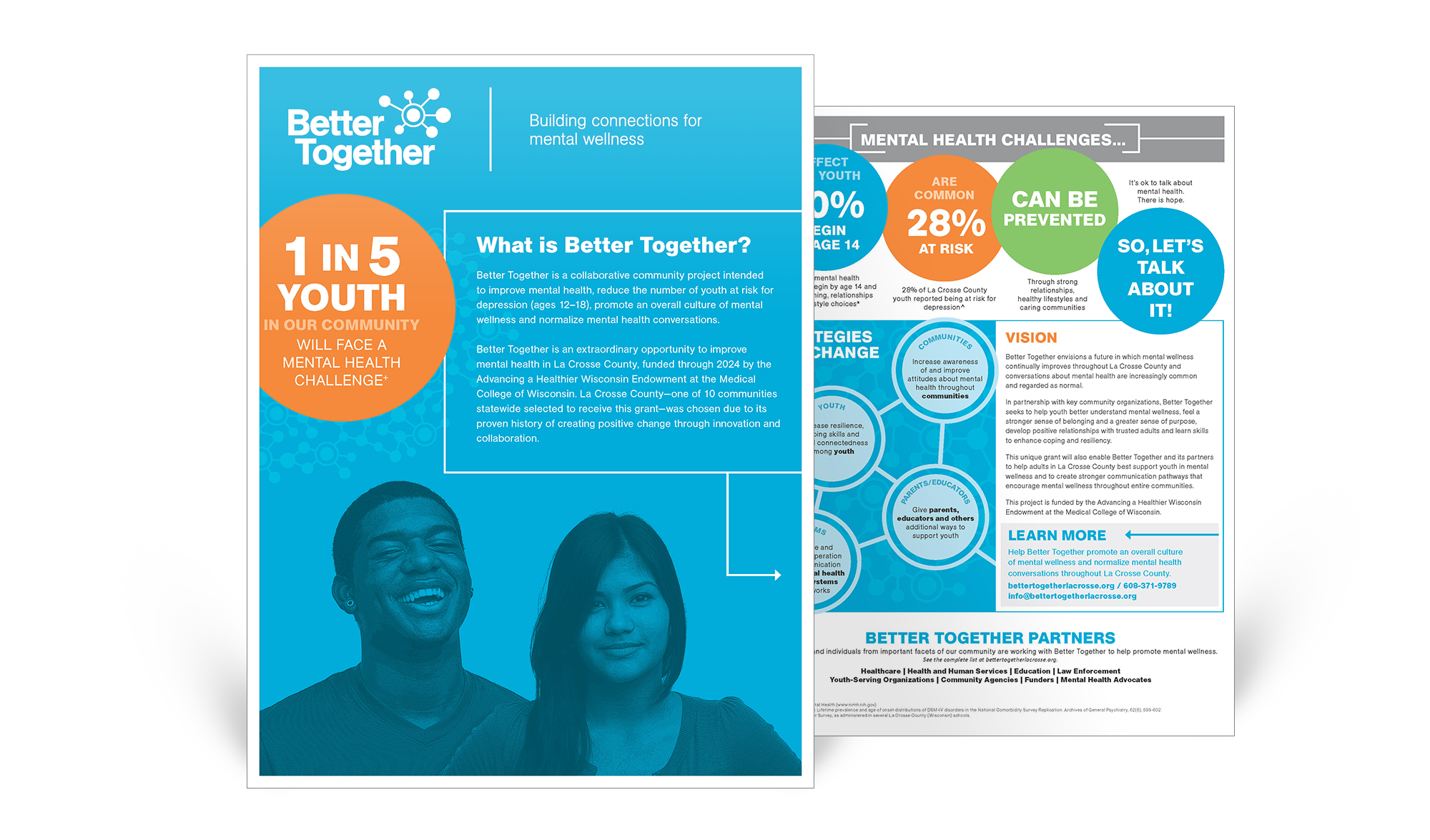 Better Together 4-color fact sheet describing program goals and vision, as well as mental health challenges and strategies