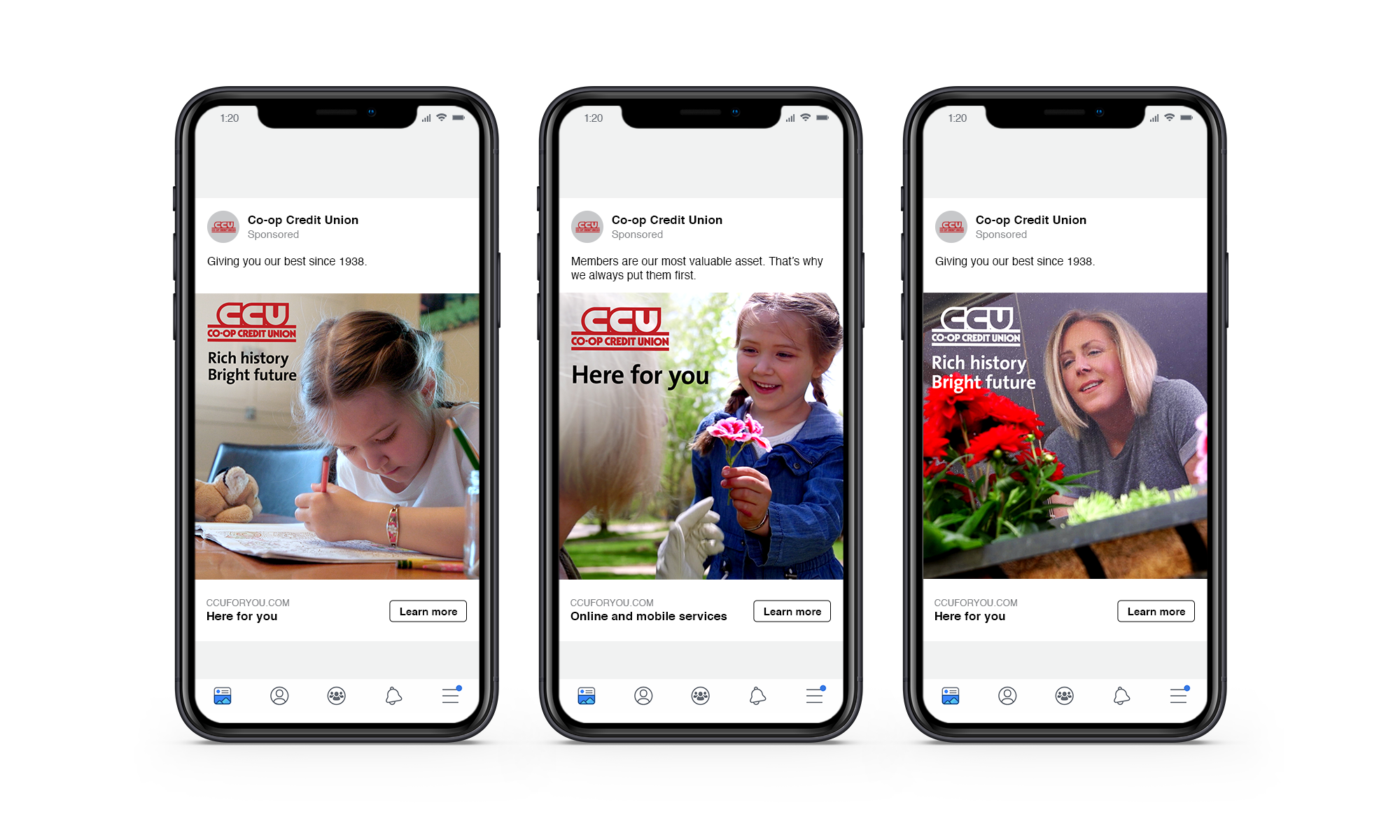 Three Co-op Credit Union Facebook ads with family images and headlines of here for you and rich history, bright future