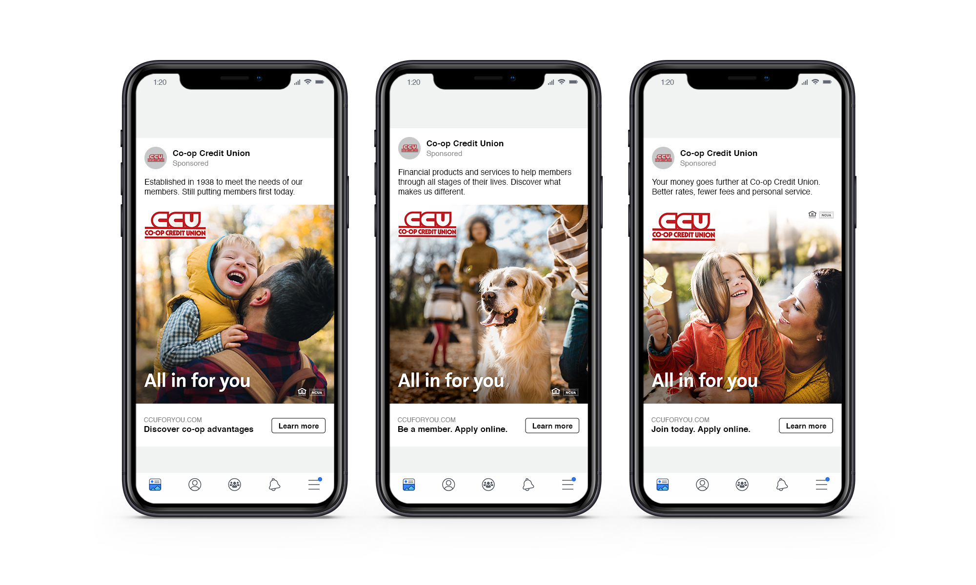 Three Co-op Credit Union Facebook ads with family images, benefit messages and the headline of all in for you