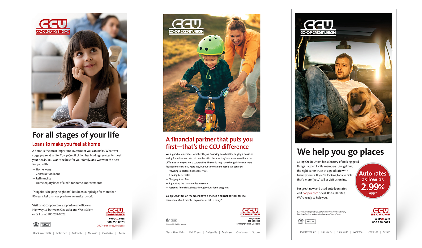Three print ads created by Vendi for Co-op Credit Union highlighting home loans, vehicle loans and why to partner with CCU