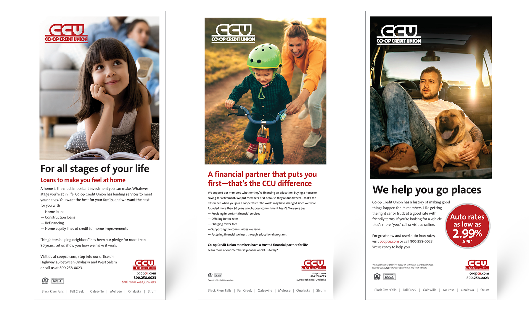 Three print ads created by Vendi for Co-op Credit Union highlighting home loans, vehicle loans and why to partner with CCU