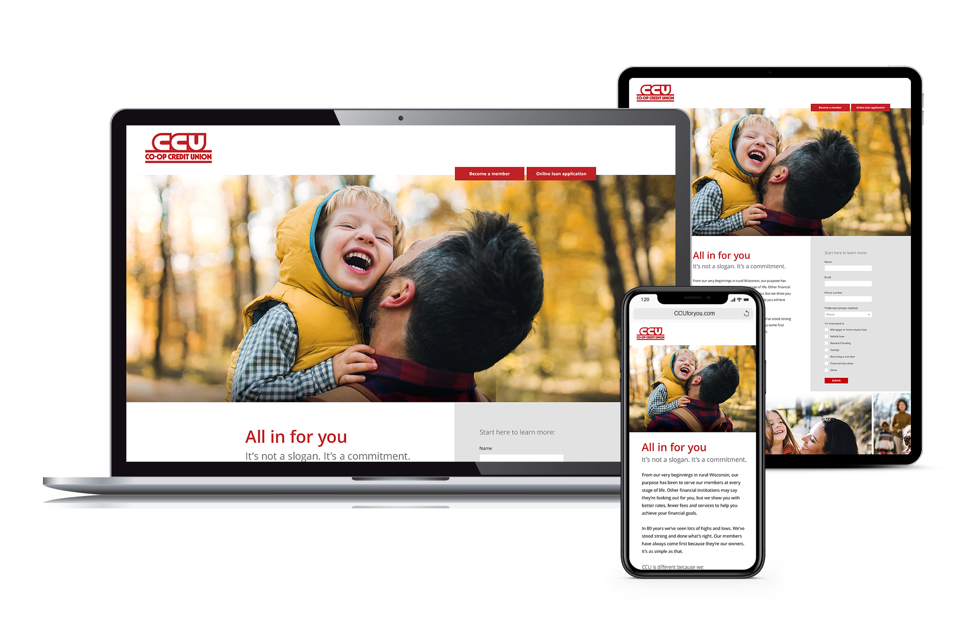 Co-op Credit Union landing page with father hugging son photo and all in for you headline on laptop, tablet and phone screens