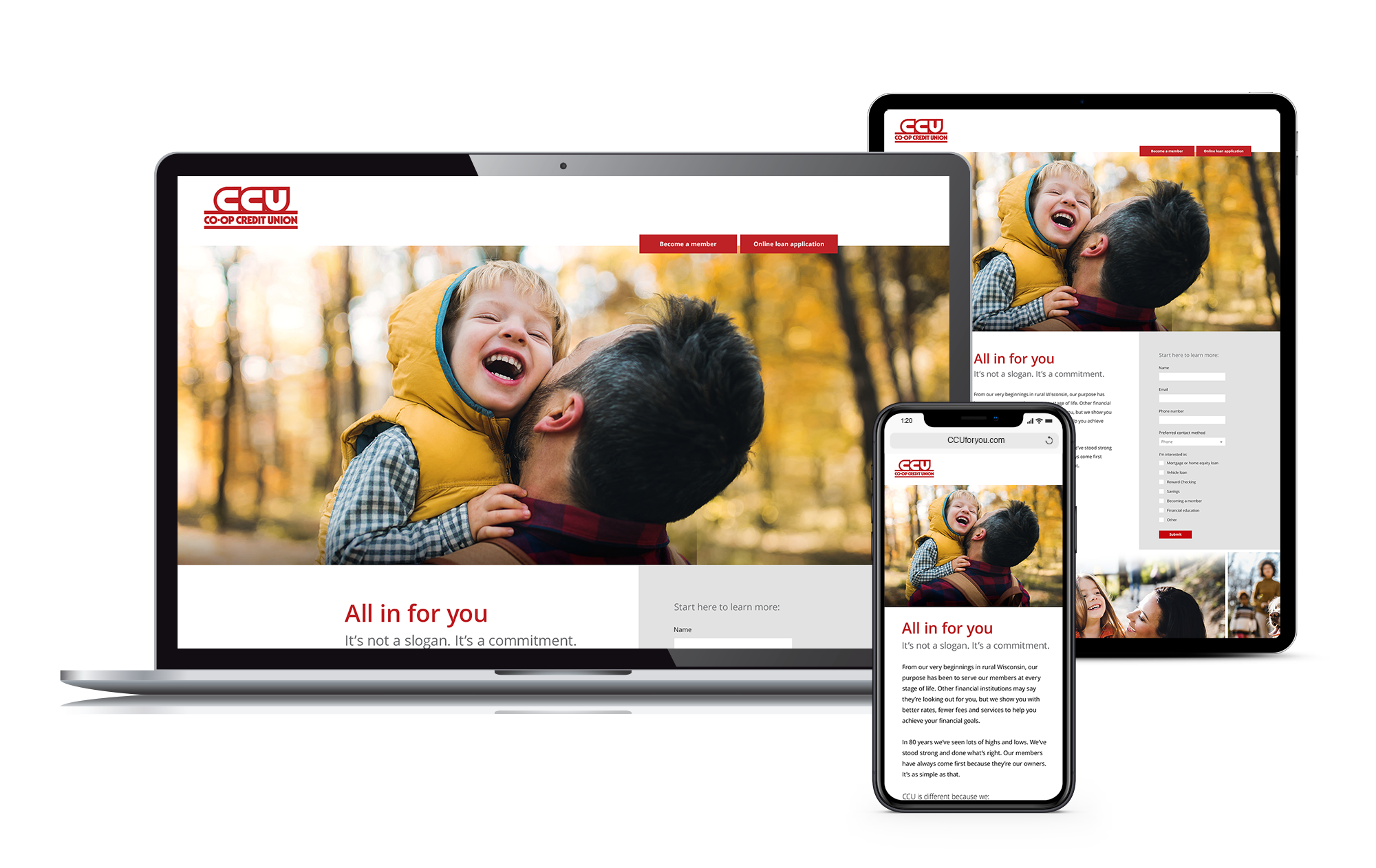 Co-op Credit Union landing page with father hugging son photo and all in for you headline on laptop, tablet and phone screens