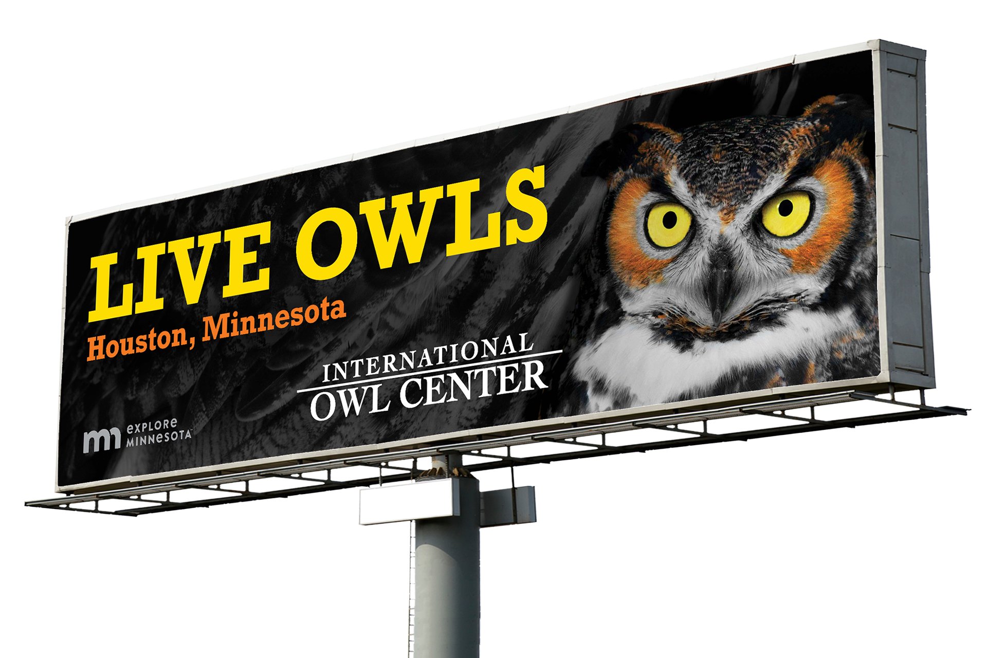 International Owl Center billboard with logo, photo of owl and headline that reads live owls, Houston, Minnesota