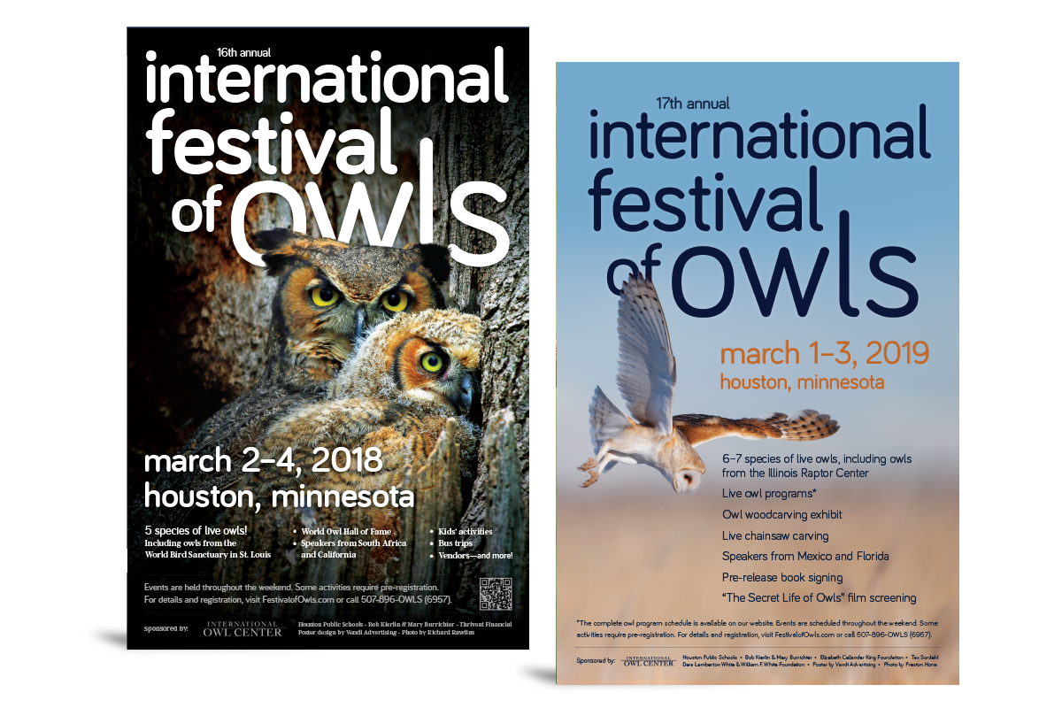 Full-color posters with owl photos advertising the International Owl Center’s 2018 and 2019 International Festival of Owls