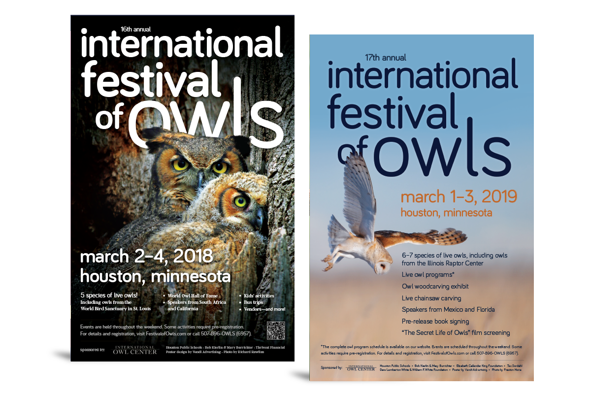 Full-color posters with owl photos advertising the International Owl Center’s 2018 and 2019 International Festival of Owls