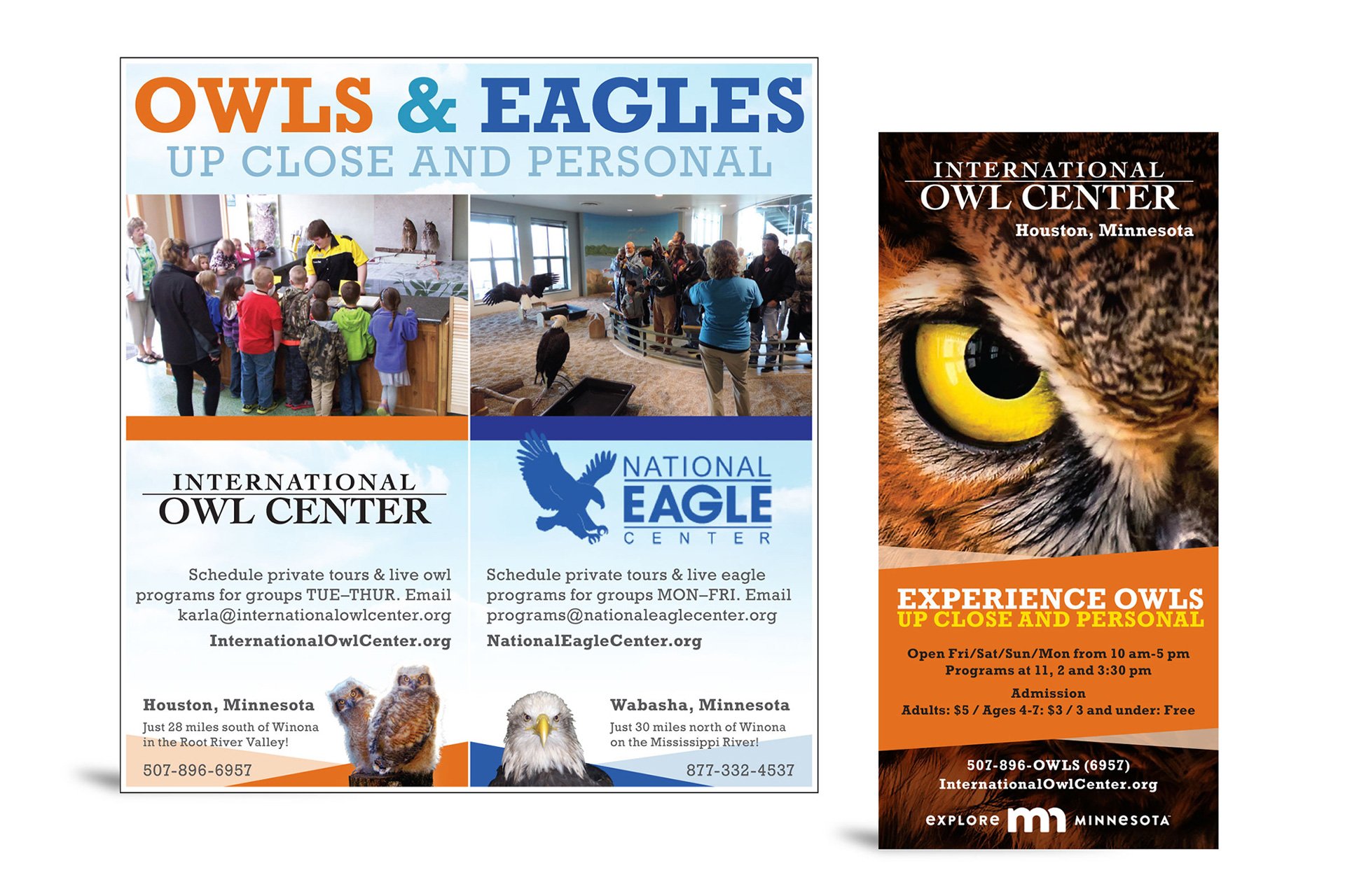 Full-color brochure advertising the International Owl Center and the National Eagle Center