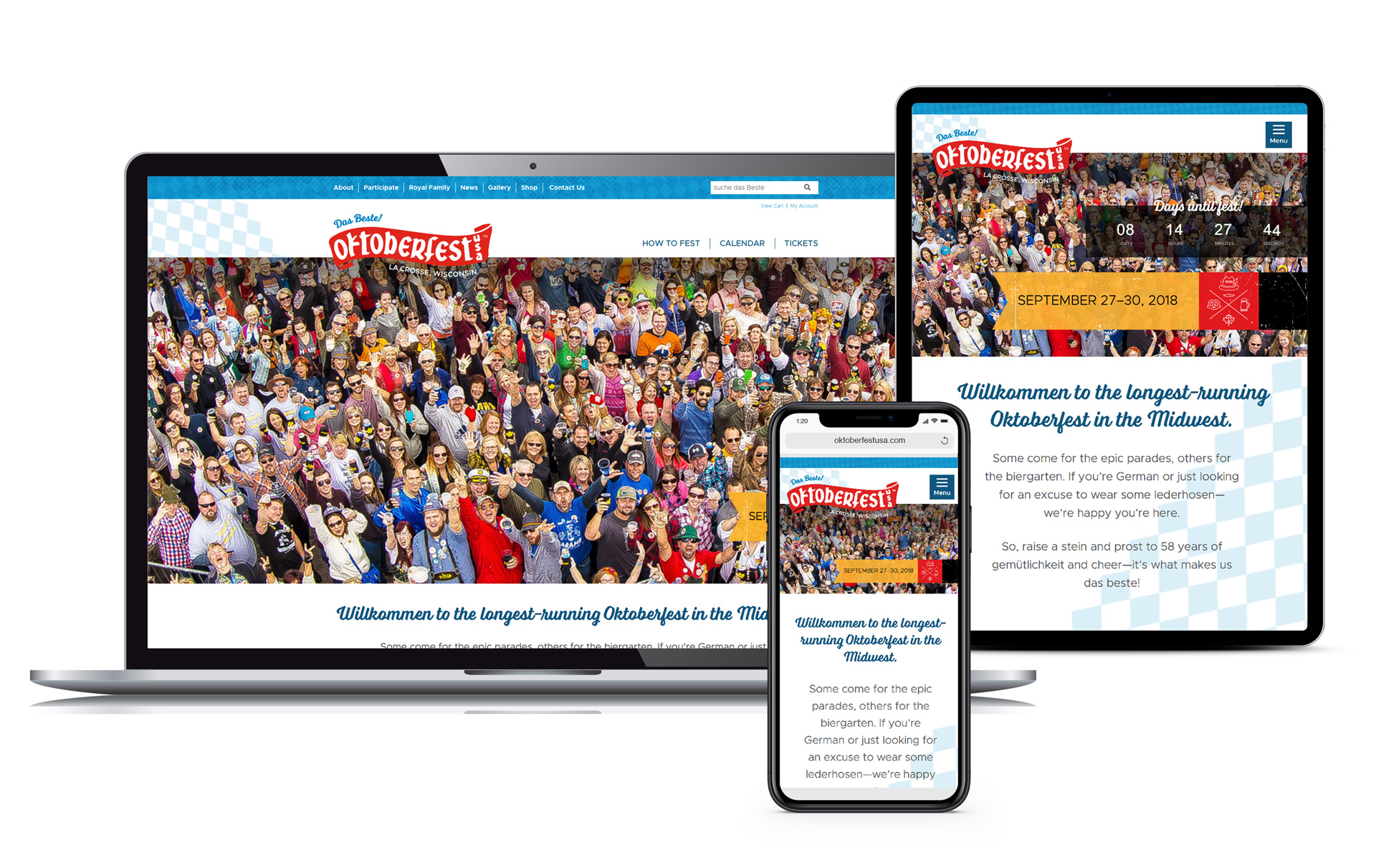 Home page of the Oktoberfest USA WordPress website created by Vendi Advertising displayed on laptop, tablet and phone screens