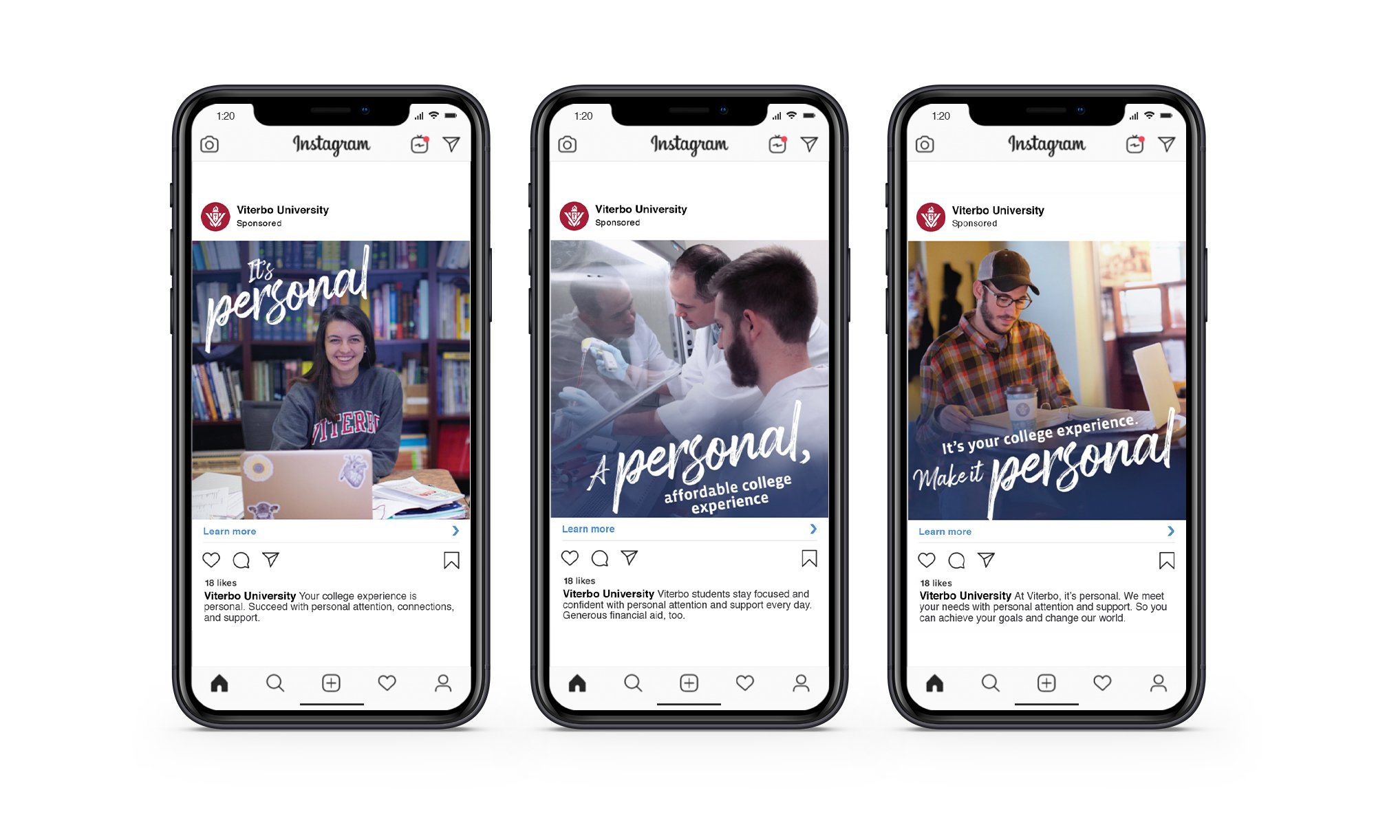 Viterbo University Instagram ads with It’s Personal headlines, benefit info and Learn more link shown on mobile phone screens