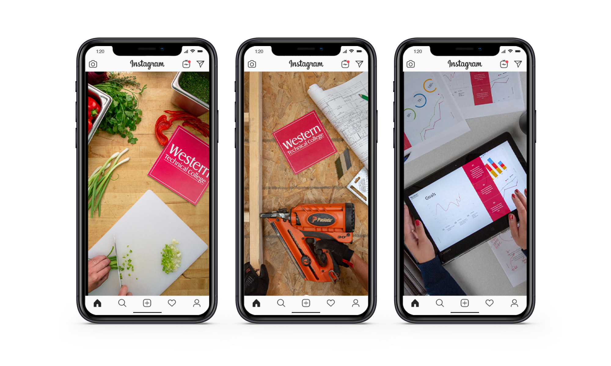 Three Western Technical College Instagram ads showing actual hands doing in-demand cooking, building and graphic design work
