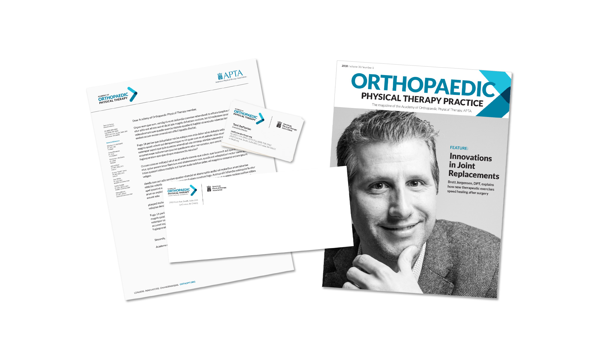 Academy of Orthopaedic Physical Therapy color letterhead, envelope, business card and magazine masthead created by Vendi