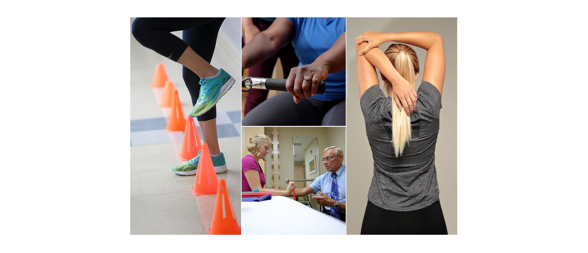 Collage of 4 Academy of Orthopaedic Physical Therapy photos of patients, a practitioner, specific therapies and stretches
