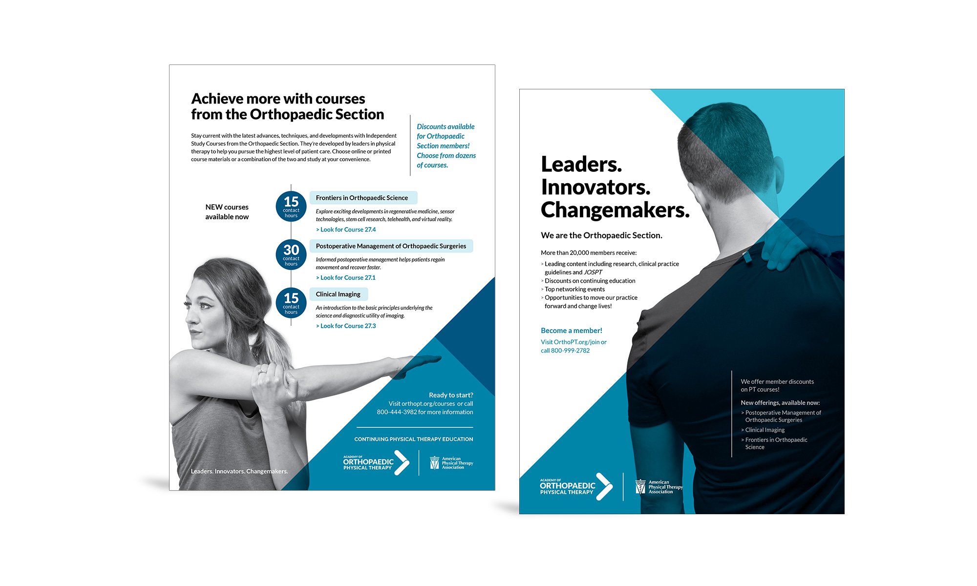 Academy of Orthopaedic Physical Therapy print ads by Vendi. Left ad details new CE courses, right shares membership benefits.