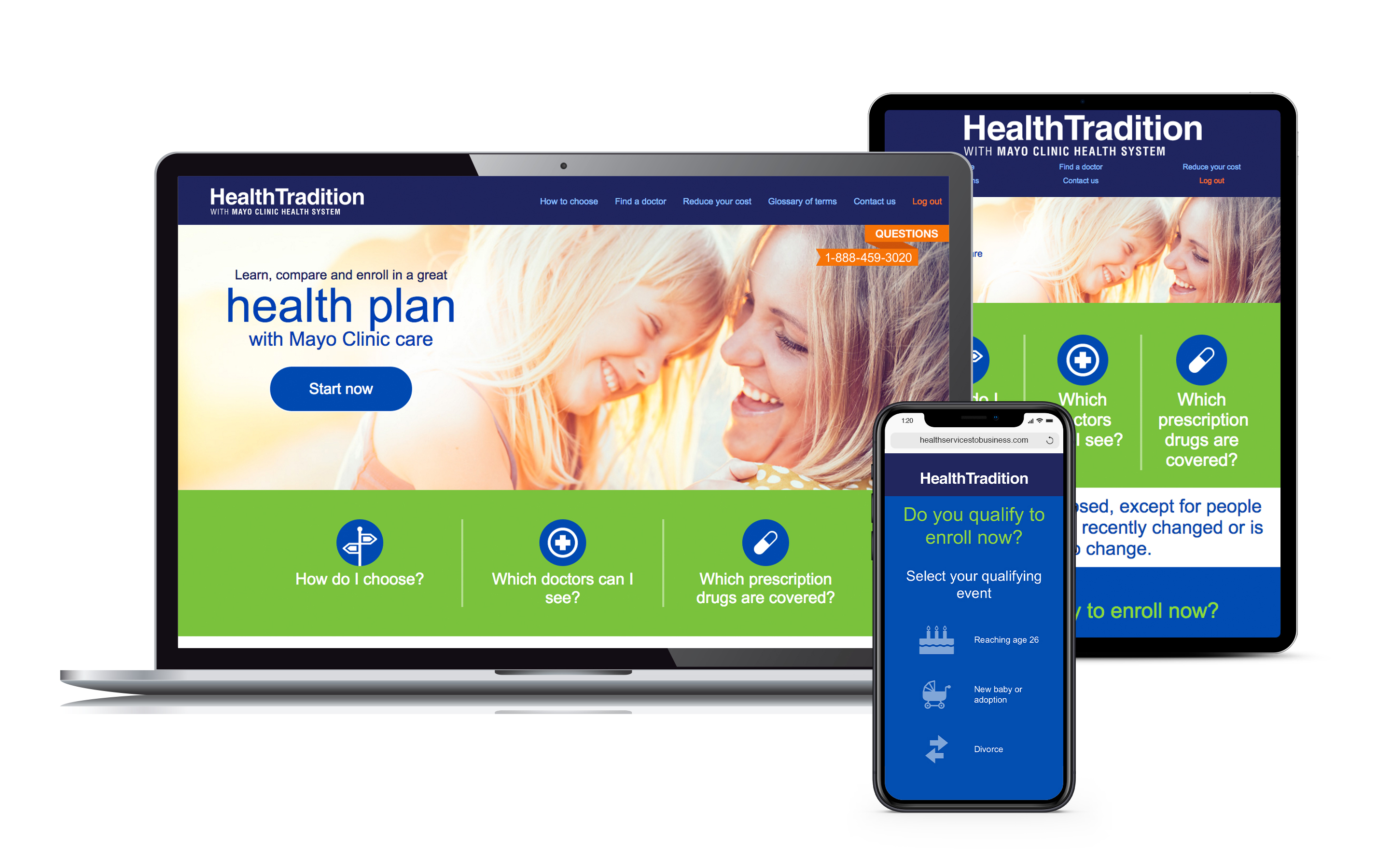 Pages from a health insurer enrollment website displayed on a laptop, tablet and phone screens