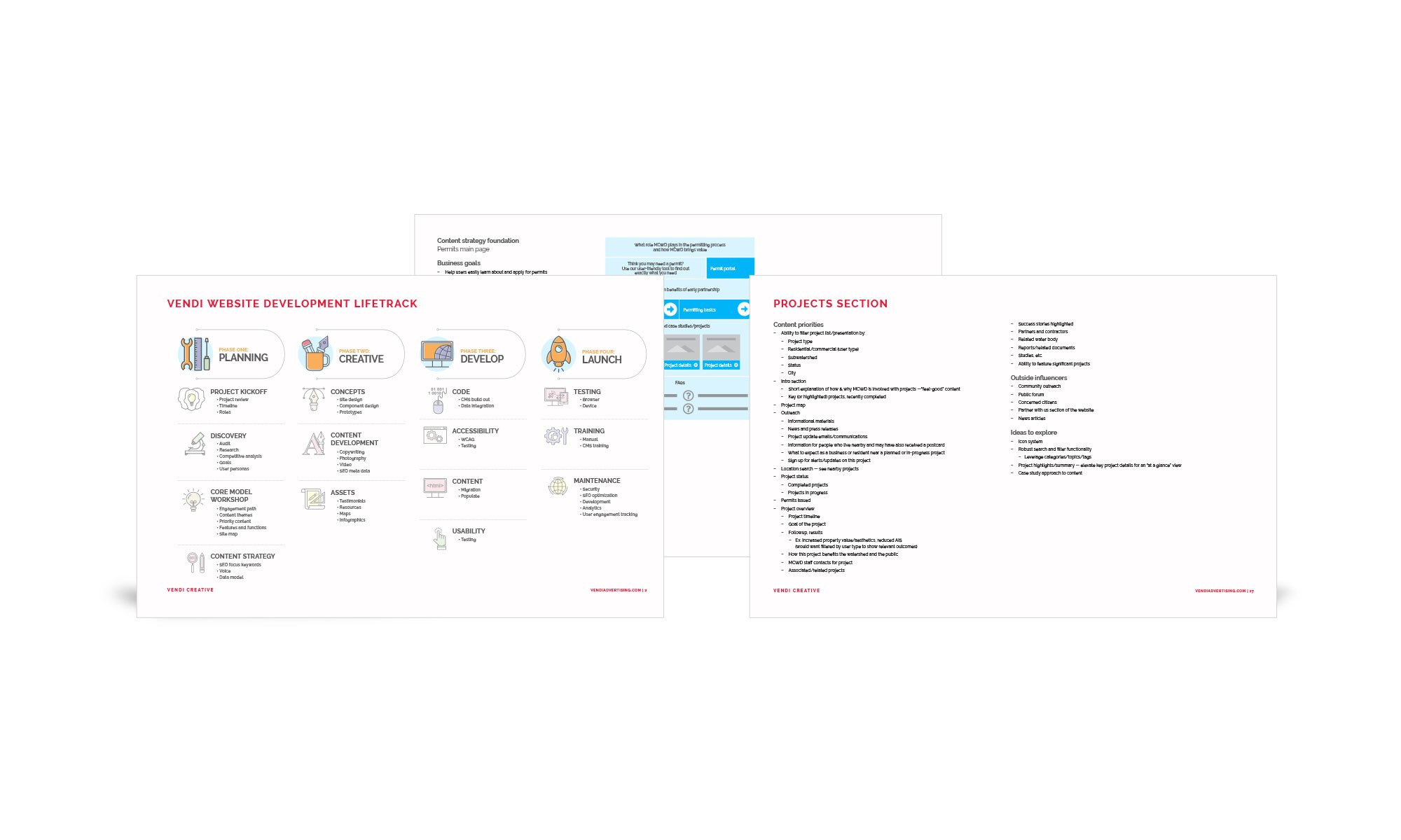 Samples of Vendi’s development lifetrack document, content strategy foundation doc and website section content outline doc