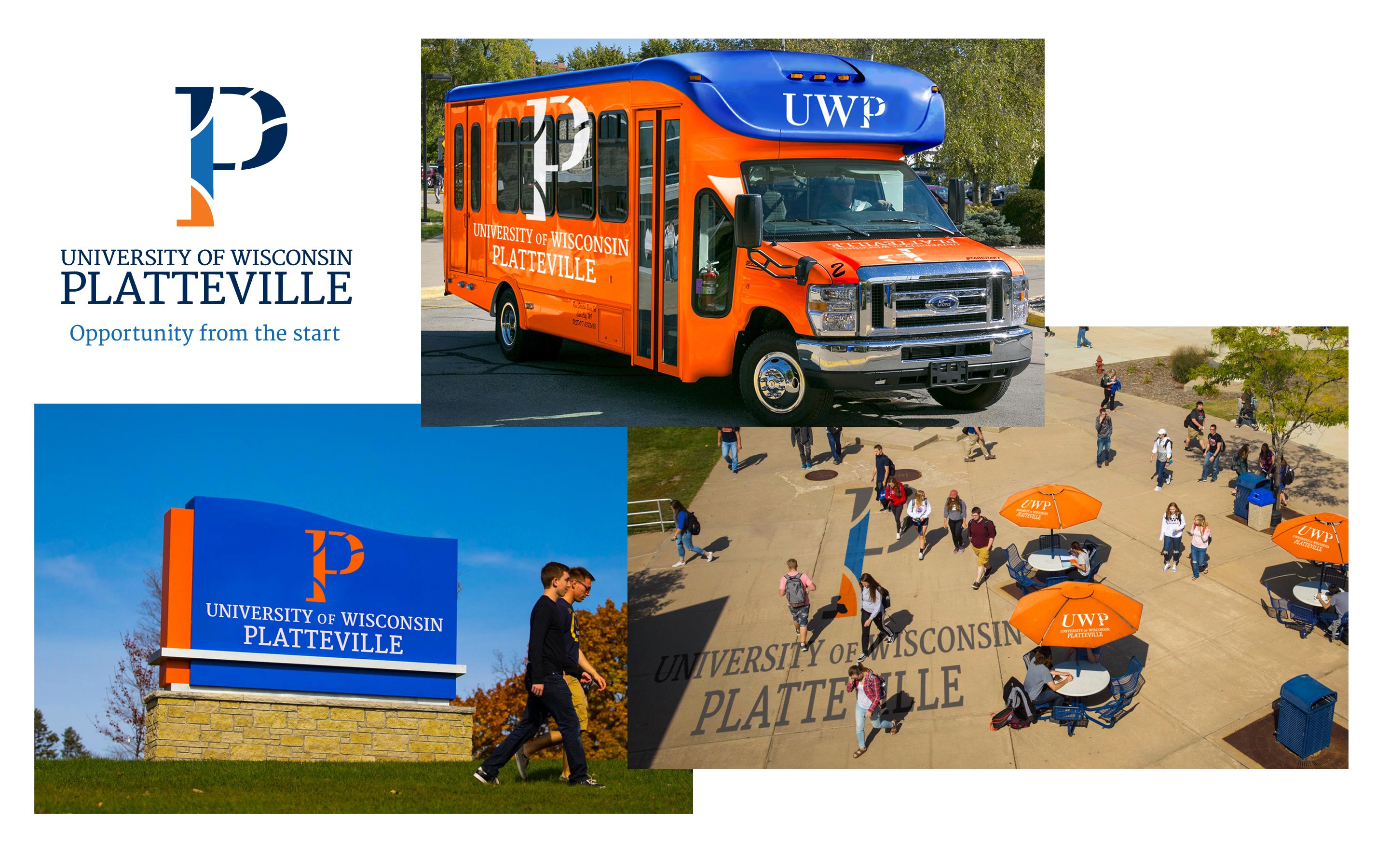 Bus wrap, campus signage and sample campus logo placement based on UW-Platteville’s new brand created by Vendi