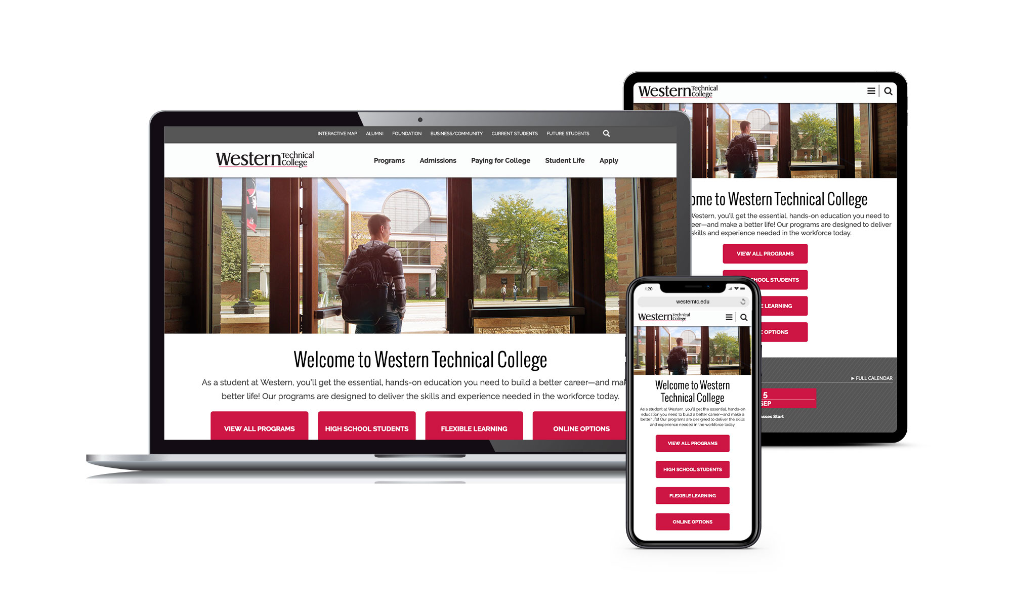 Western Technical College website home screen displayed on laptop, tablet and phone screens