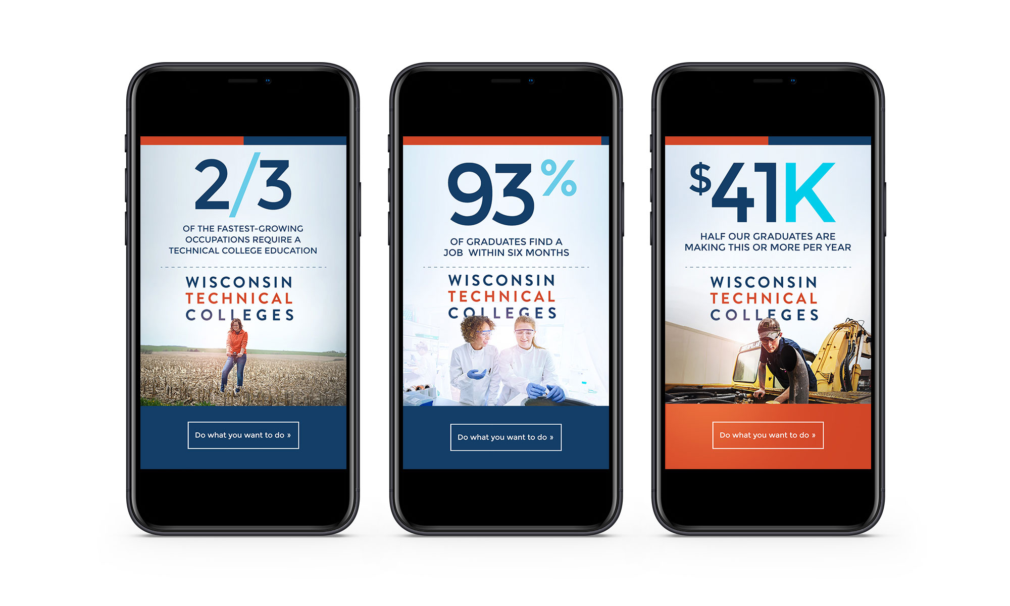 3 Wisconsin Technical Colleges digital ads on phone screens showing key stats and a do what you want to do call to action