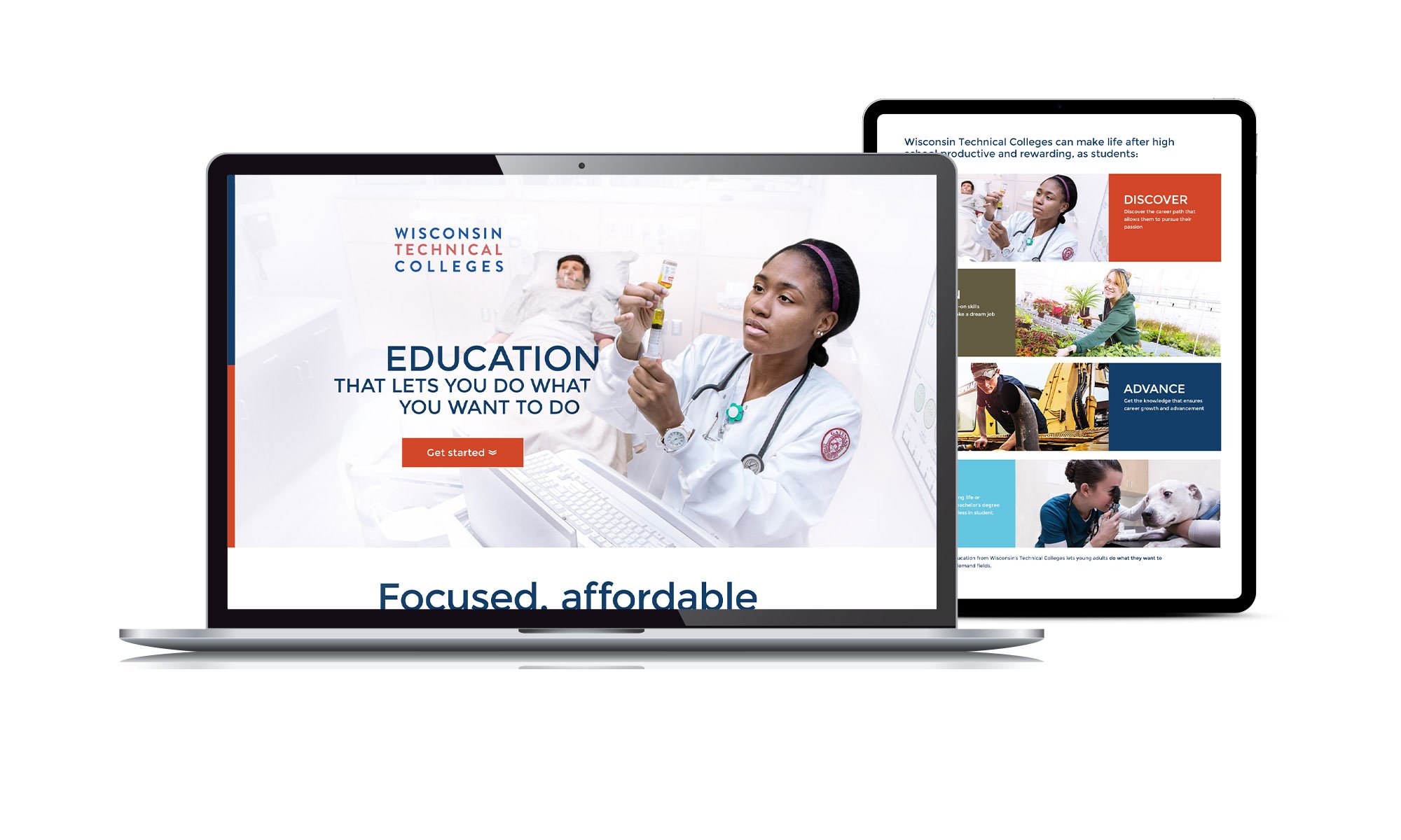 Pages from the Wisconsin Technical Colleges website displayed on laptop and tablet screens