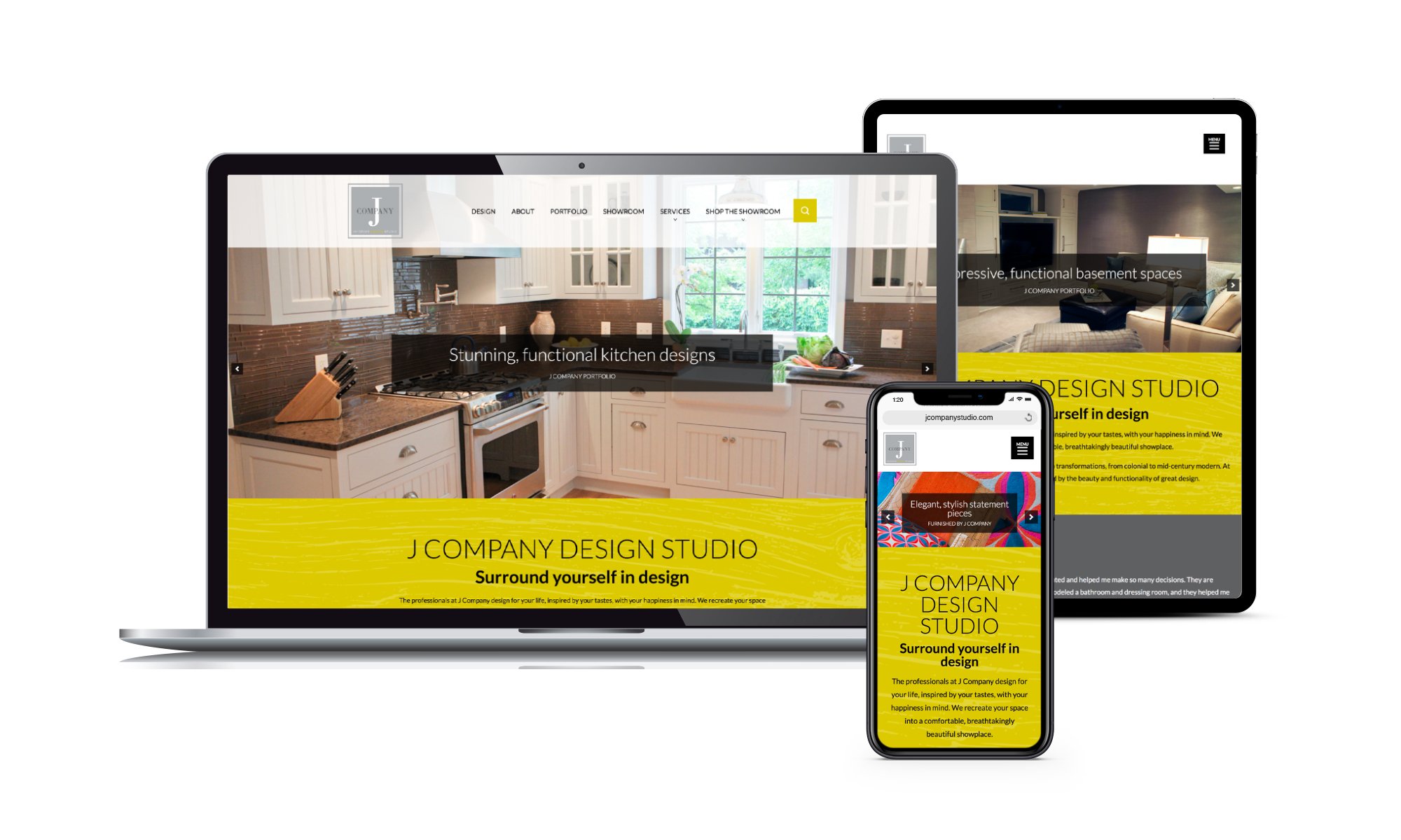Pages of The J Company Design Studio website created by Vendi Advertising displayed on laptop, tablet and phone screens