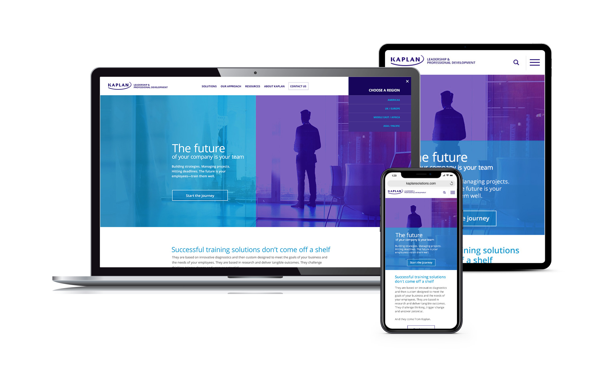 Pages of the Kaplan Leadership website created by Vendi Advertising displayed on laptop, tablet and phone screens