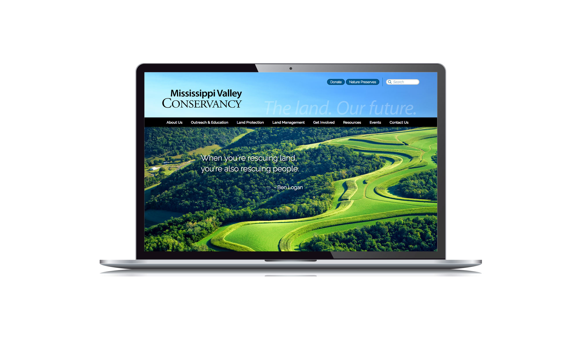 Home page of the Mississippi Valley Conservancy website created by Vendi Advertising displayed on a laptop screen