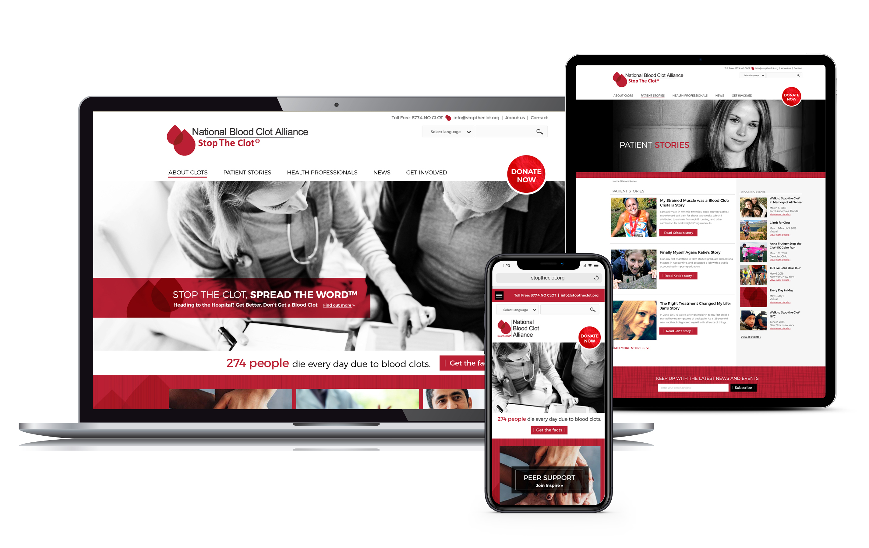Pages of the National Blood Clot Alliance website created by Vendi Advertising displayed on laptop, tablet and phone screens