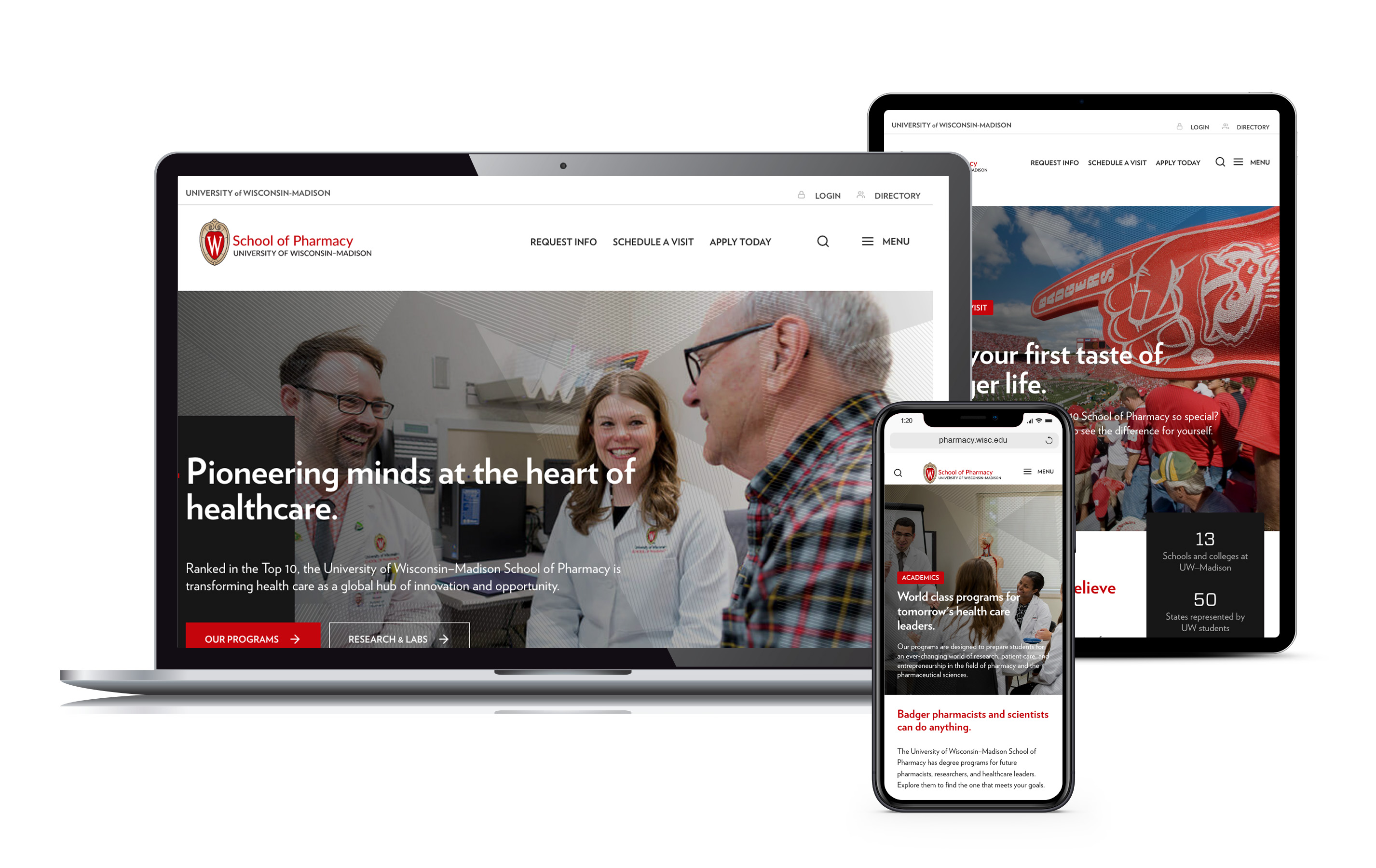 Laptop, tablet and phone screens showing pages of the University of Wisconsin–Madison School of Pharmacy website