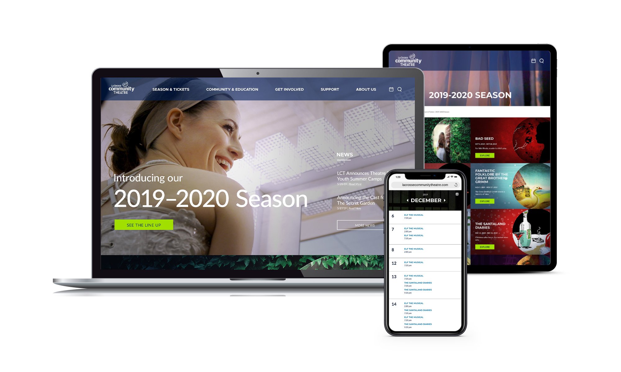 Pages of the La Crosse Community Theatre website created by Vendi Advertising displayed on laptop, tablet and phone screens