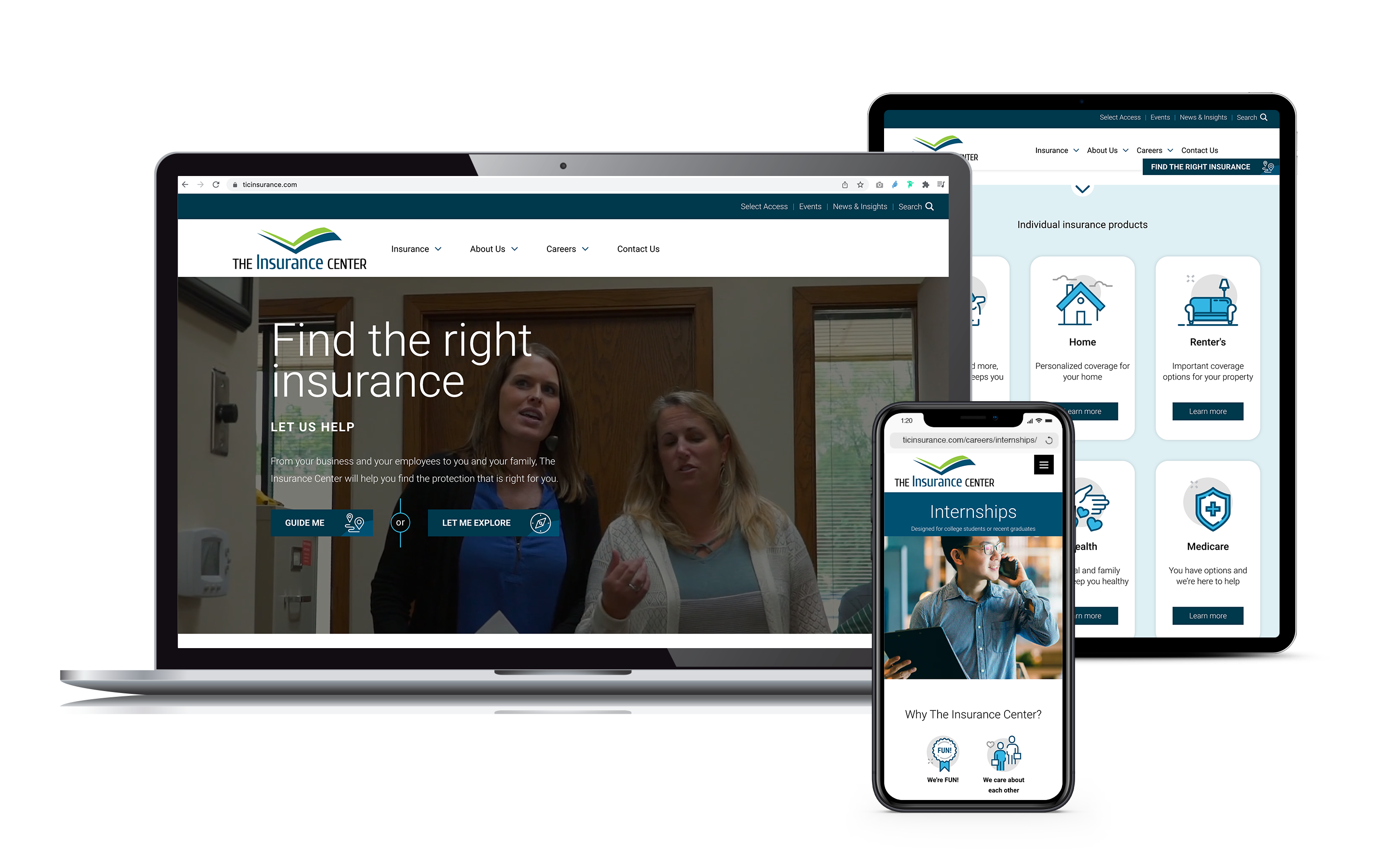 Pages of The Insurance Center’s website created by Vendi Advertising displayed on laptop, tablet and phone screens