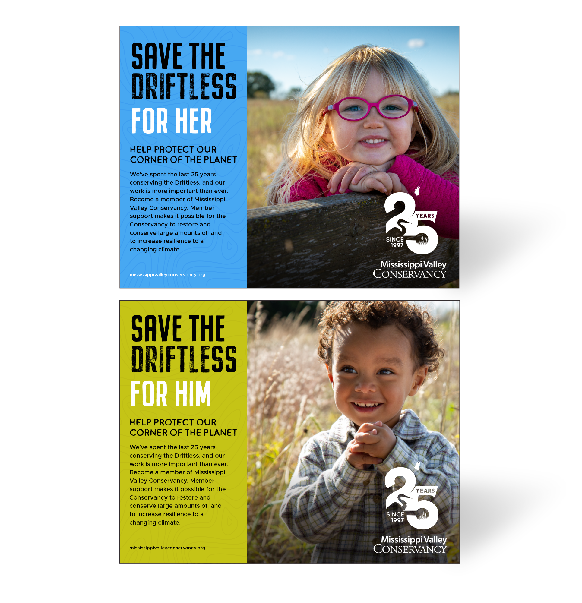 Two Mississippi Valley Conservancy save the driftless sample ads, girl child version at top, boy child version at bottom