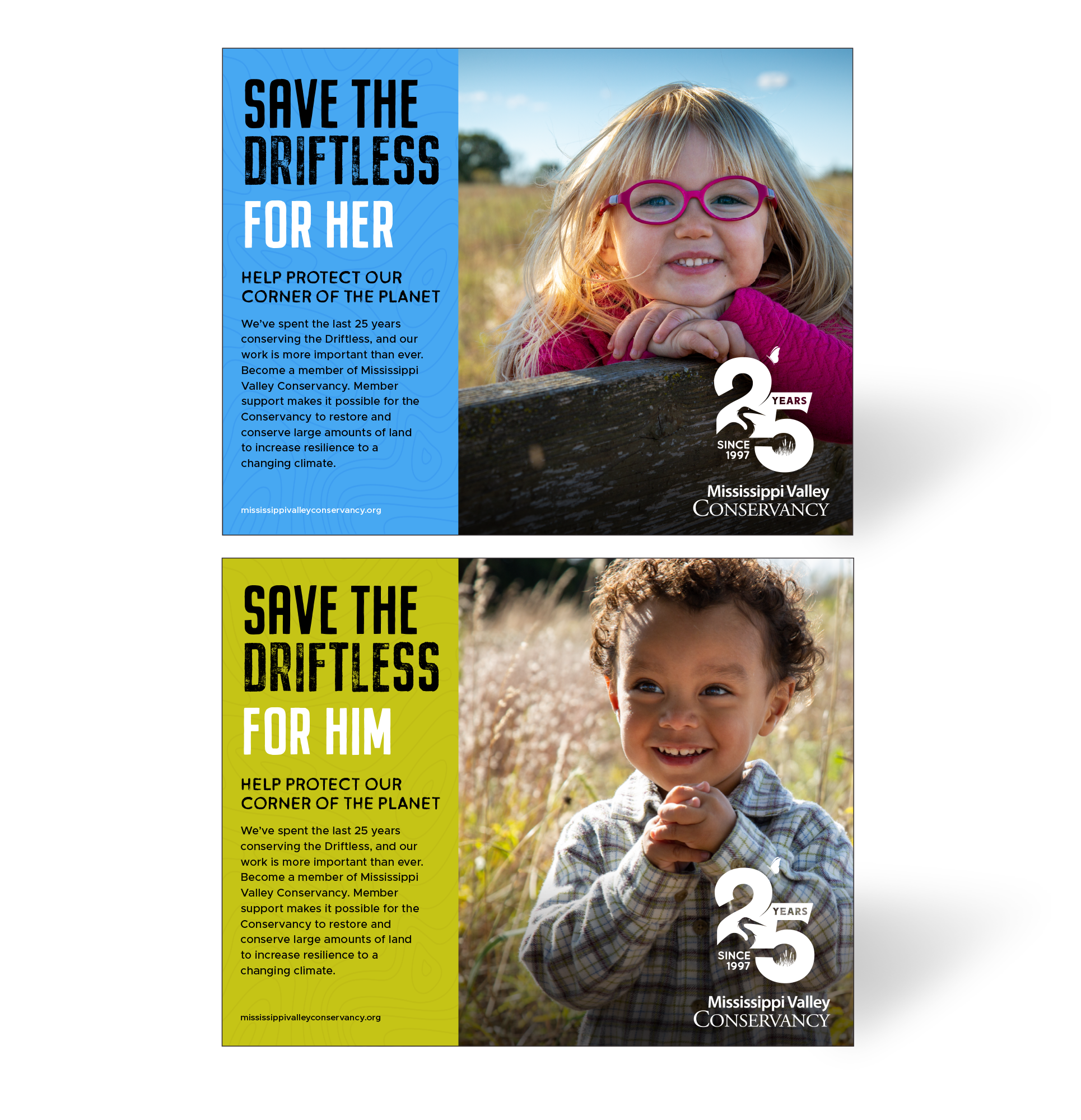 Two Mississippi Valley Conservancy save the driftless sample ads, girl child version at top, boy child version at bottom