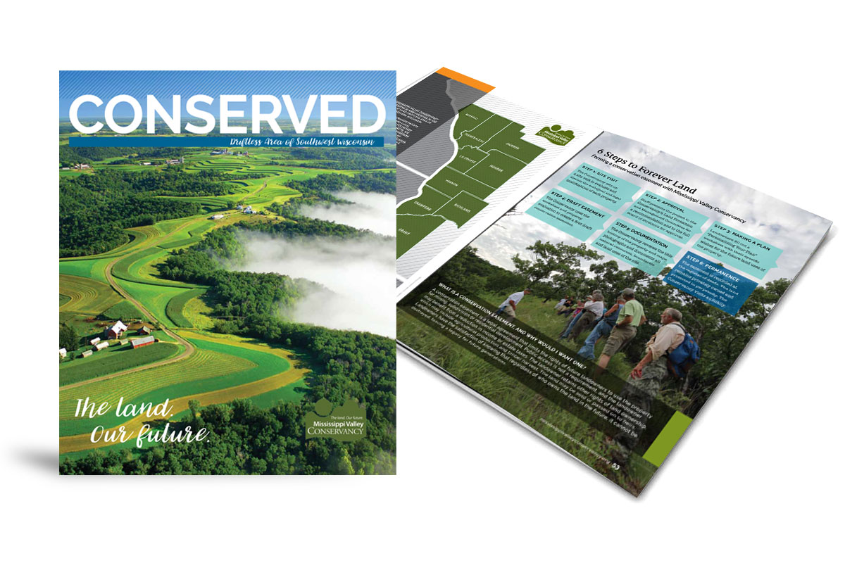 Mississippi Valley Conservancy’s Conserved magazine aerial landscape scene cover and land easement article pages