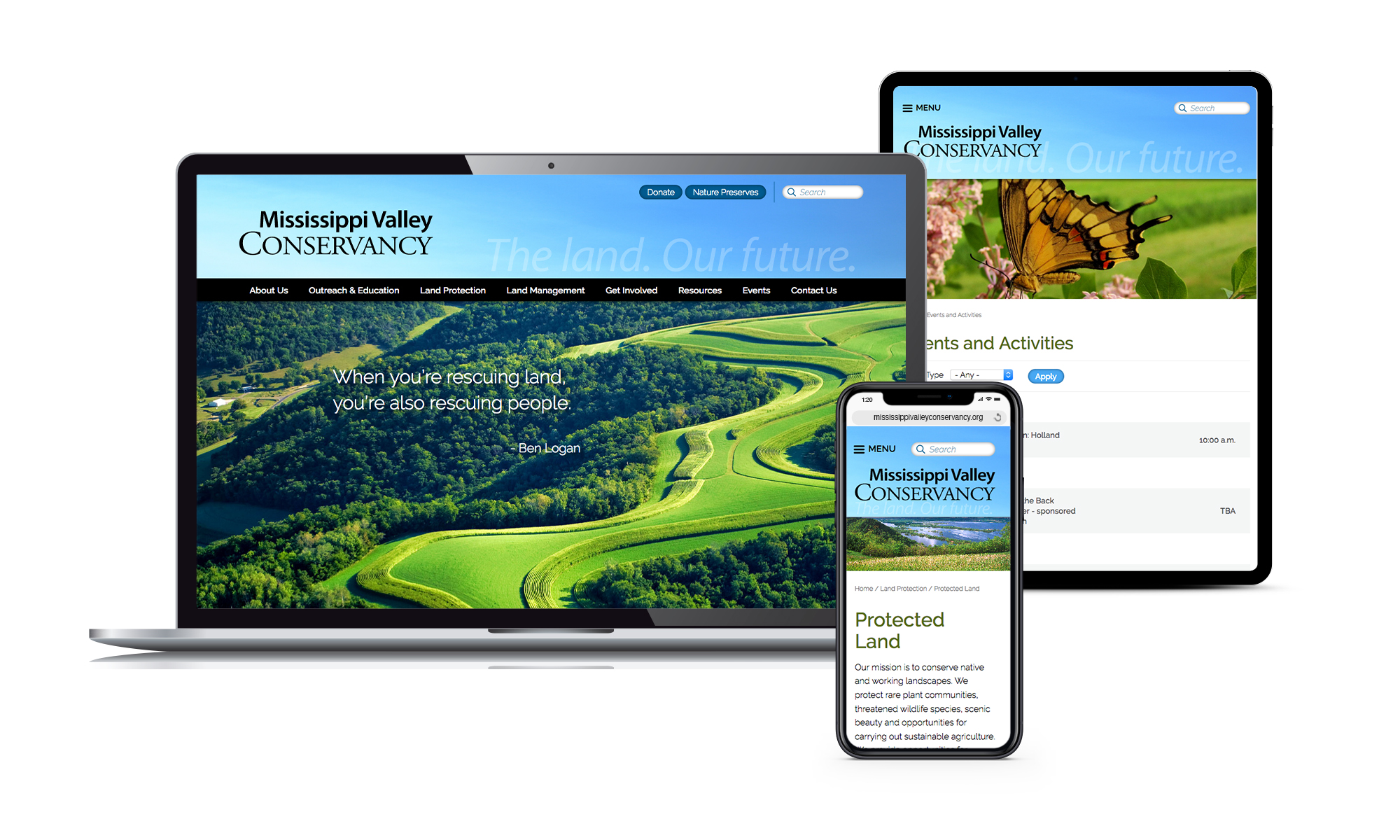 Pages of the Mississippi Valley Conservancy website created by Vendi Advertising displayed on laptop, tablet and phone screens