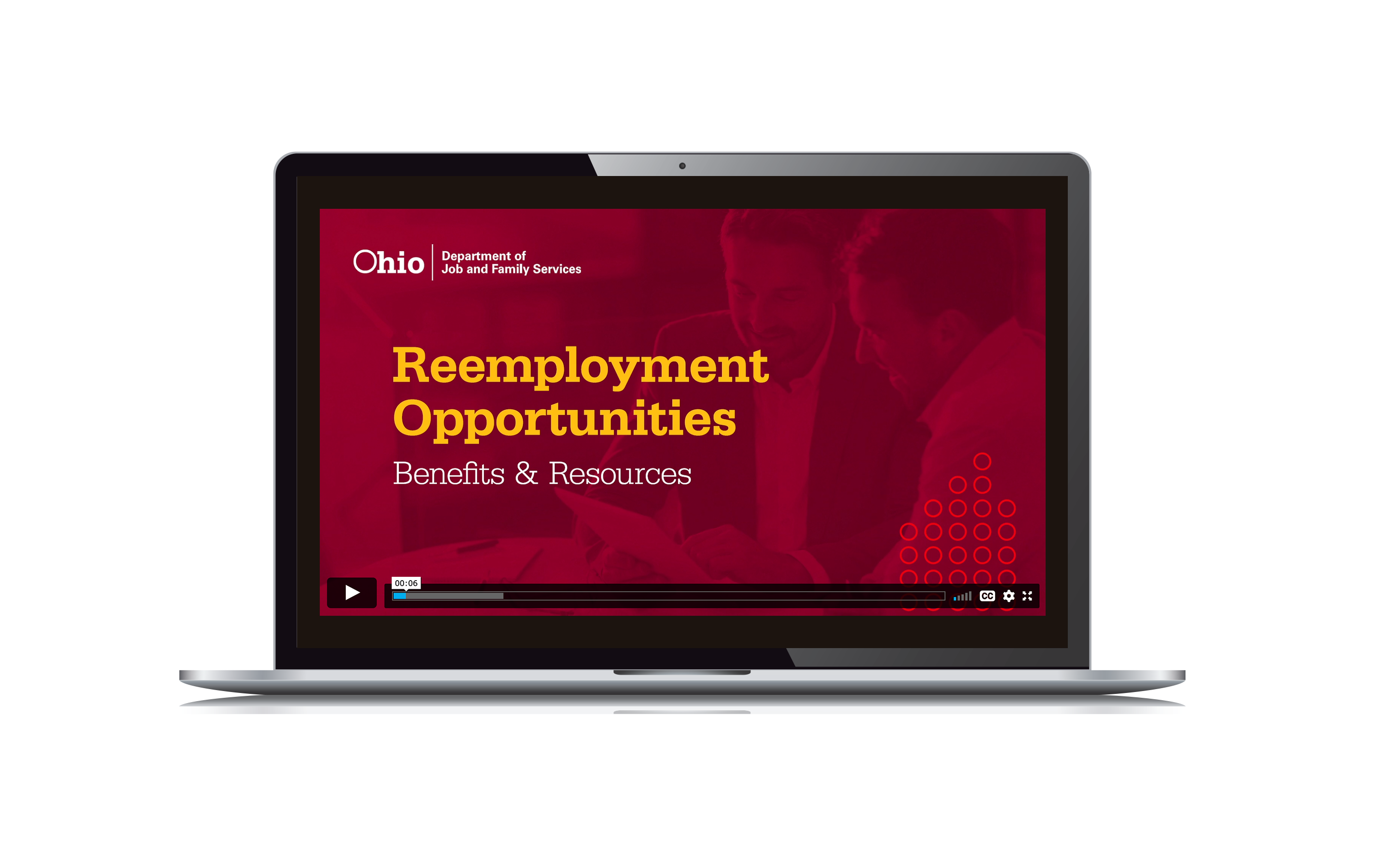State of Ohio Department of Jobs and Family Services Reemployment Opportunities video title screen displayed on a laptop