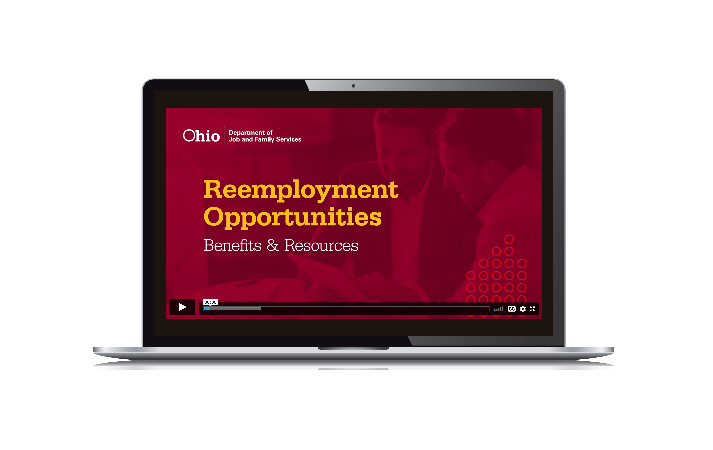 State of Ohio Department of Jobs and Family Services Reemployment Opportunities video title screen displayed on a laptop